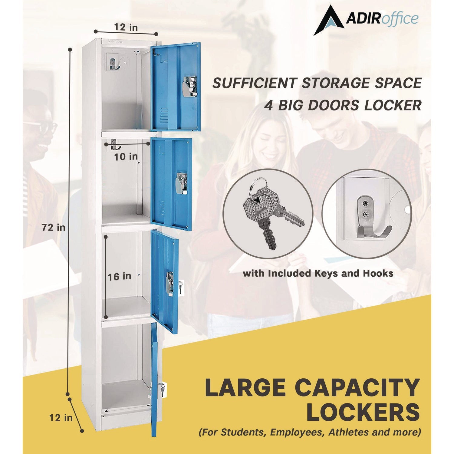 Steel Storage Locker with 4 Compartments - 12 x 12 x 72 Inches, Blue - Heavy-Duty School Gym & Office Organization Locker for Sports Equipment, Books & Supplies