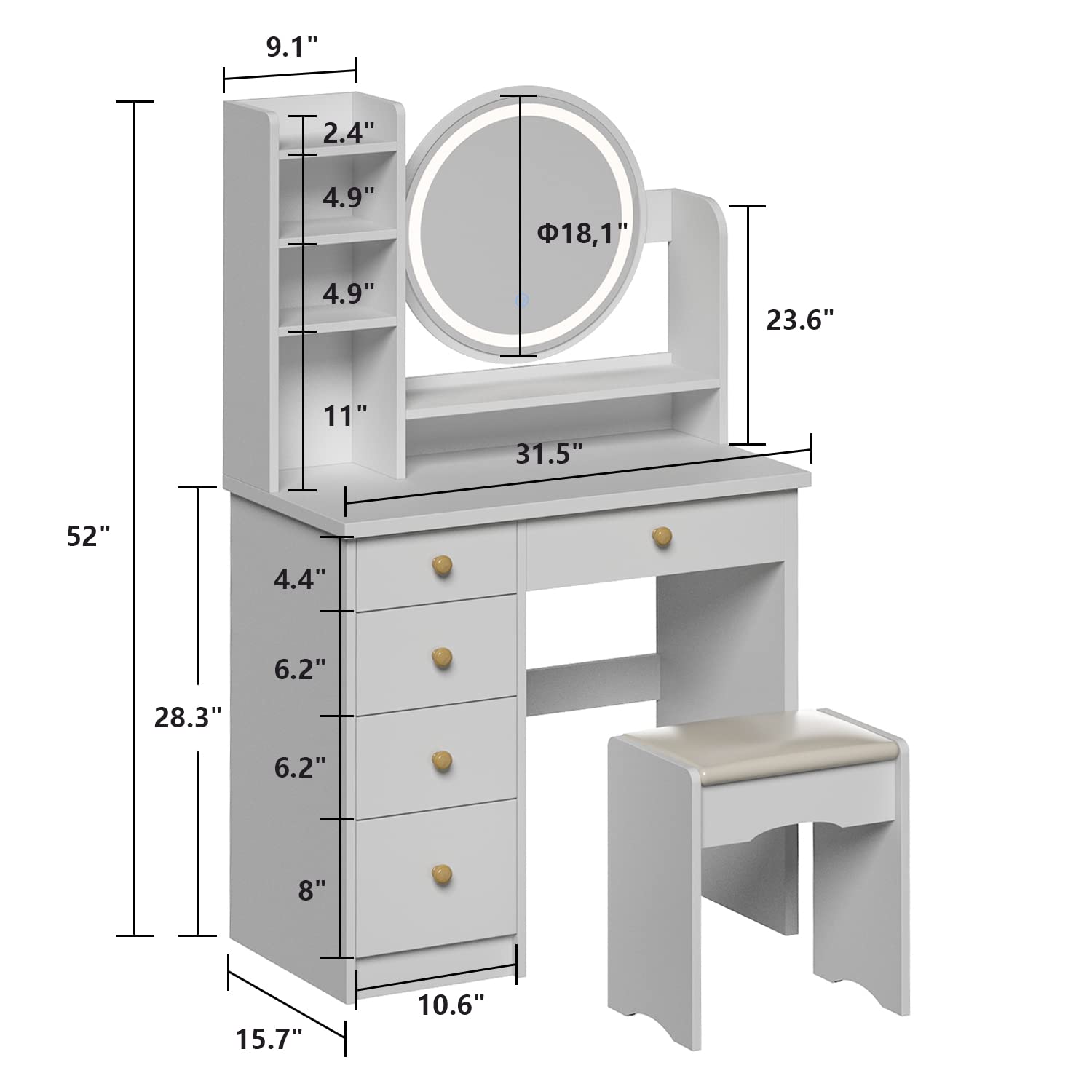 Hitow White Vanity Desk Set with LED Lighted Mirror, 5 Drawers & Shelf - Makeup Dressing Table with Touch Screen Lights & Jewelry Organizer for Bedroom, Home Decor & Beauty Routine