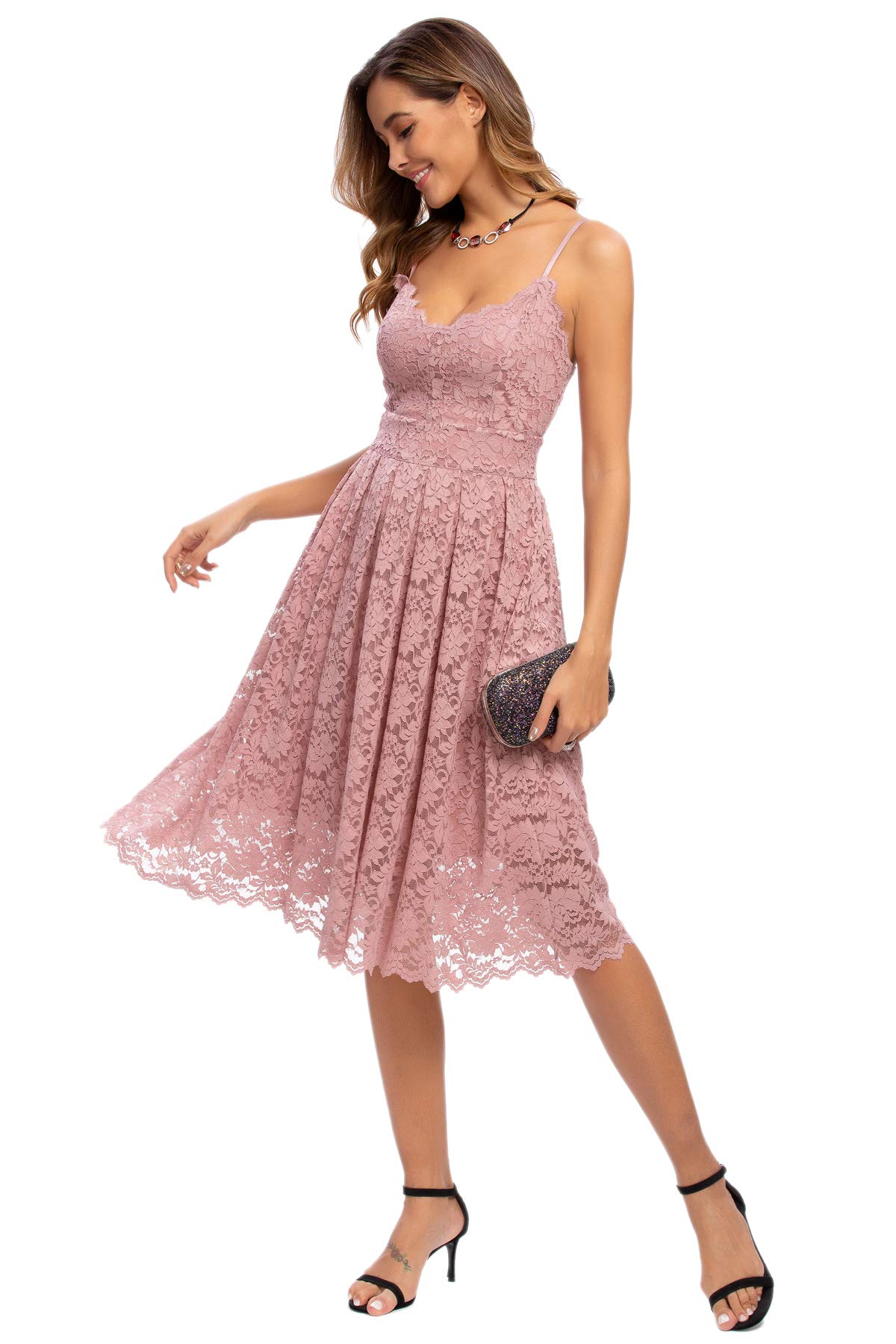 ATNLEWHI Women's Spaghetti Strap V-Neck Sleeveless A-Line Lace Dress for Evening, Cocktail Party, Formal Wedding Guest - Elegant Summer Dress for Date Night & Special Occasions