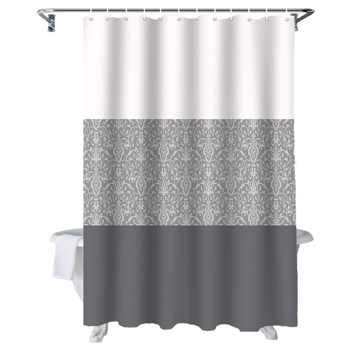 Vintage Floral Waterproof Shower Curtain Set with 12 Hooks - 72x84 Inch Machine Washable Fabric Bathroom Decor in Baroque Gray | Perfect for Bathroom, Guest Room & Spa Decor