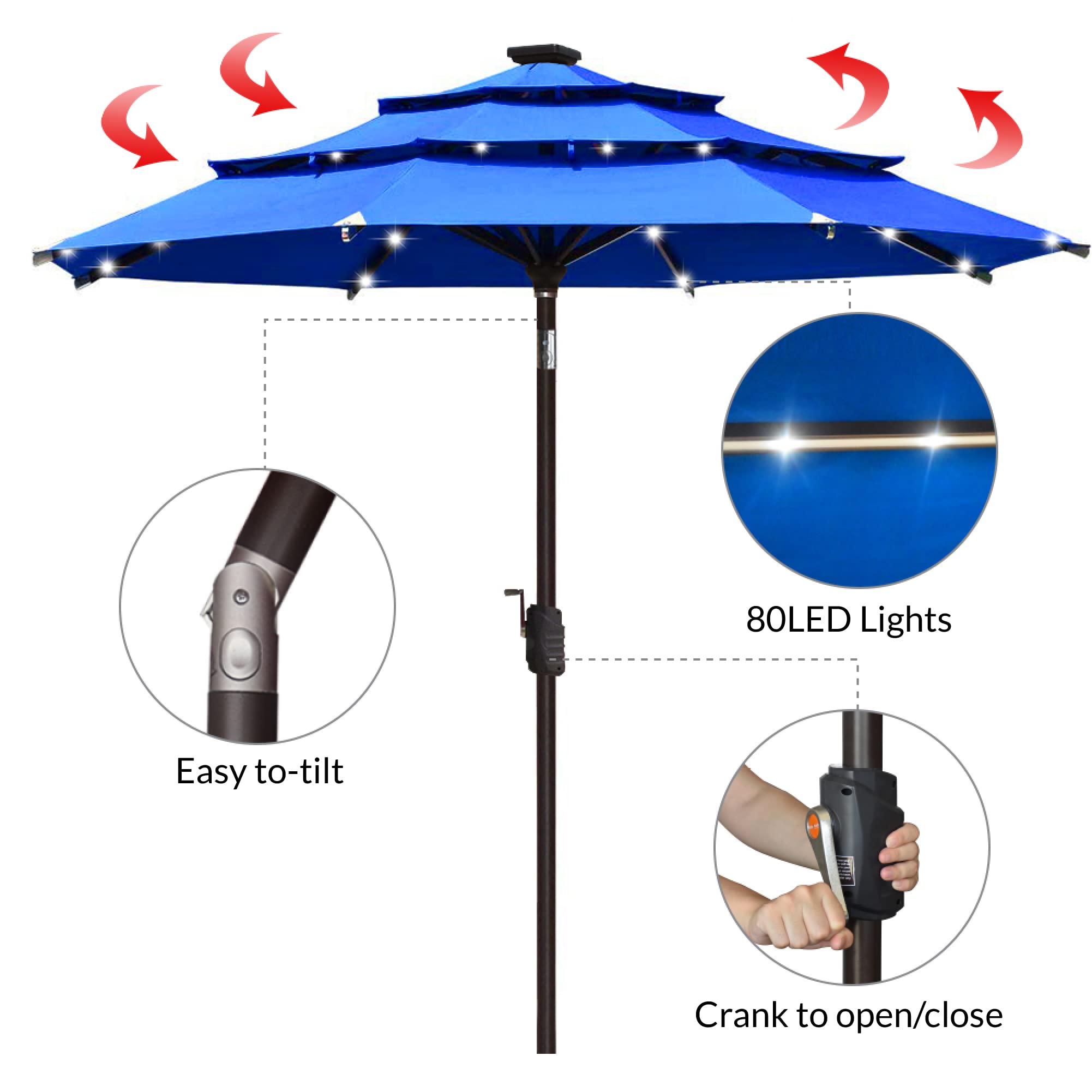 EliteShade USA 9ft Solar Powered 3-Tier Patio Umbrella with 80 LED Lights - Royal Blue Outdoor Market Umbrella with Ventilation & 5-Year Fade Resistant Canopy - Perfect for Backyard, Poolside, Restaurant & Outdoor Dining Areas