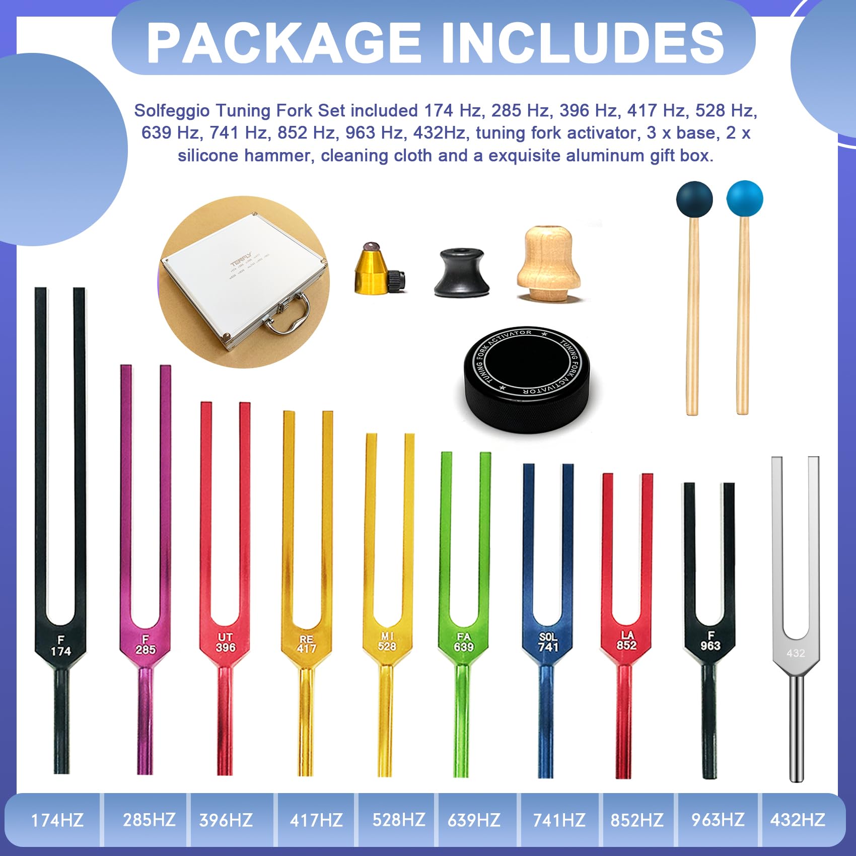 Solfeggio Tuning Fork Set - 10 Pack for Sound Healing Therapy, Chakra Balancing, Yoga Meditation & Stress Relief | Perfect for Energy Work, Reiki Sessions & Holistic Wellness Practices