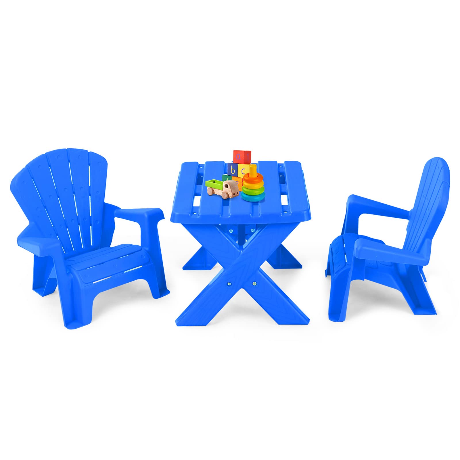 BETTARY Kids Plastic Table and Chair Set - 1 Toddler Table & 2 Adirondack Chairs for Indoor Outdoor Use - Durable Children's Activity Furniture for Garden, Patio, Beach, Playroom - Blue Craft Table Set for Boys & Girls - Perfect for Arts, Snacks & Learning Activities