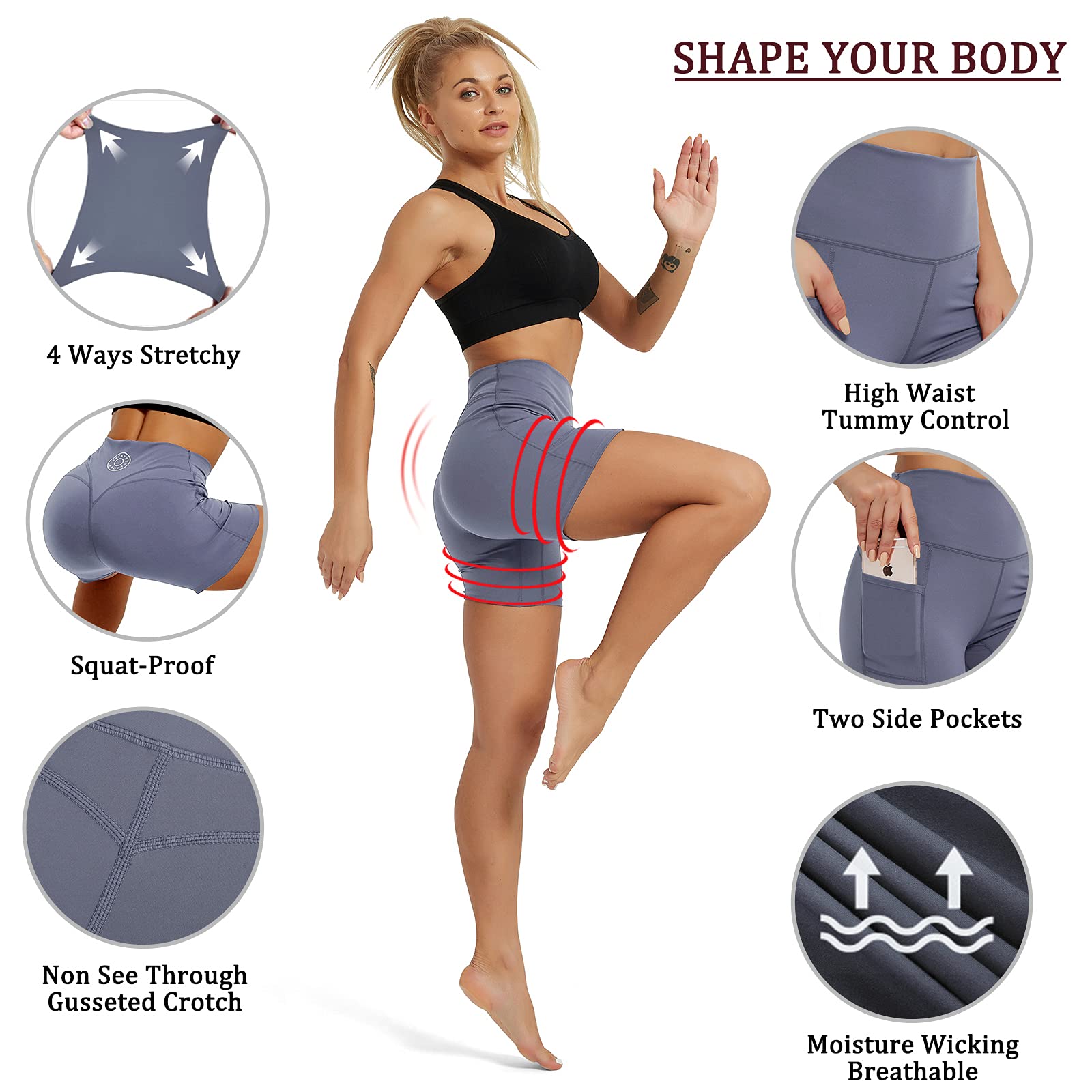 Rataves Women's 6 Inch Athletic Yoga Shorts with Pockets - High Waisted Tummy Control Workout Shorts for Yoga, Running, Hiking & Gym - Breathable & Comfortable Activewear (002)