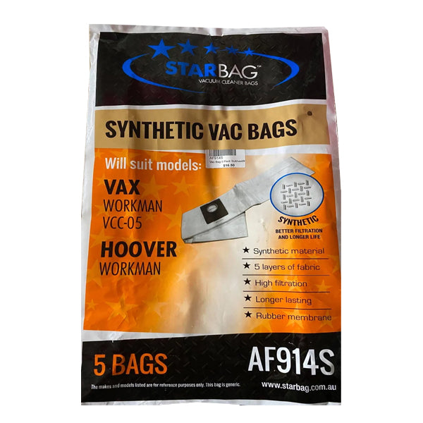 Starbag AF914S Synthetic Vacuum Cleaner Bags - 6 Pack | Compatible with Hoover, Eureka & More | HEPA Filtration for Dust & Allergens | Ideal for Home Cleaning & Pet Hair Removal