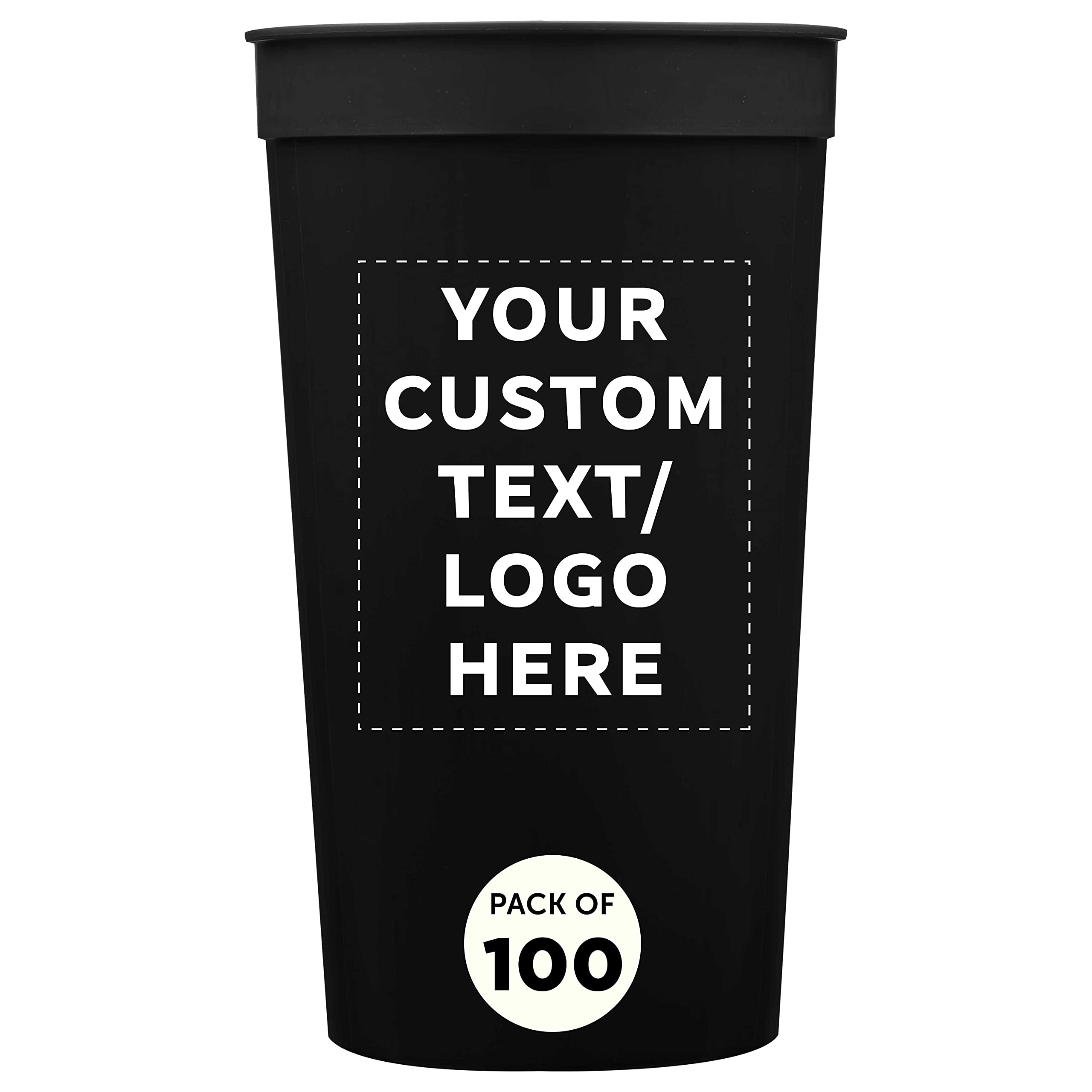 Custom 32 oz Plastic Stadium Cups - Bulk Pack of 100 Personalized Cups for Sports Events, Birthday Parties, Beach Picnics & Summer Gatherings - Durable Reusable Drinkware for Tailgating, BBQs & Outdoor Celebrations - Black