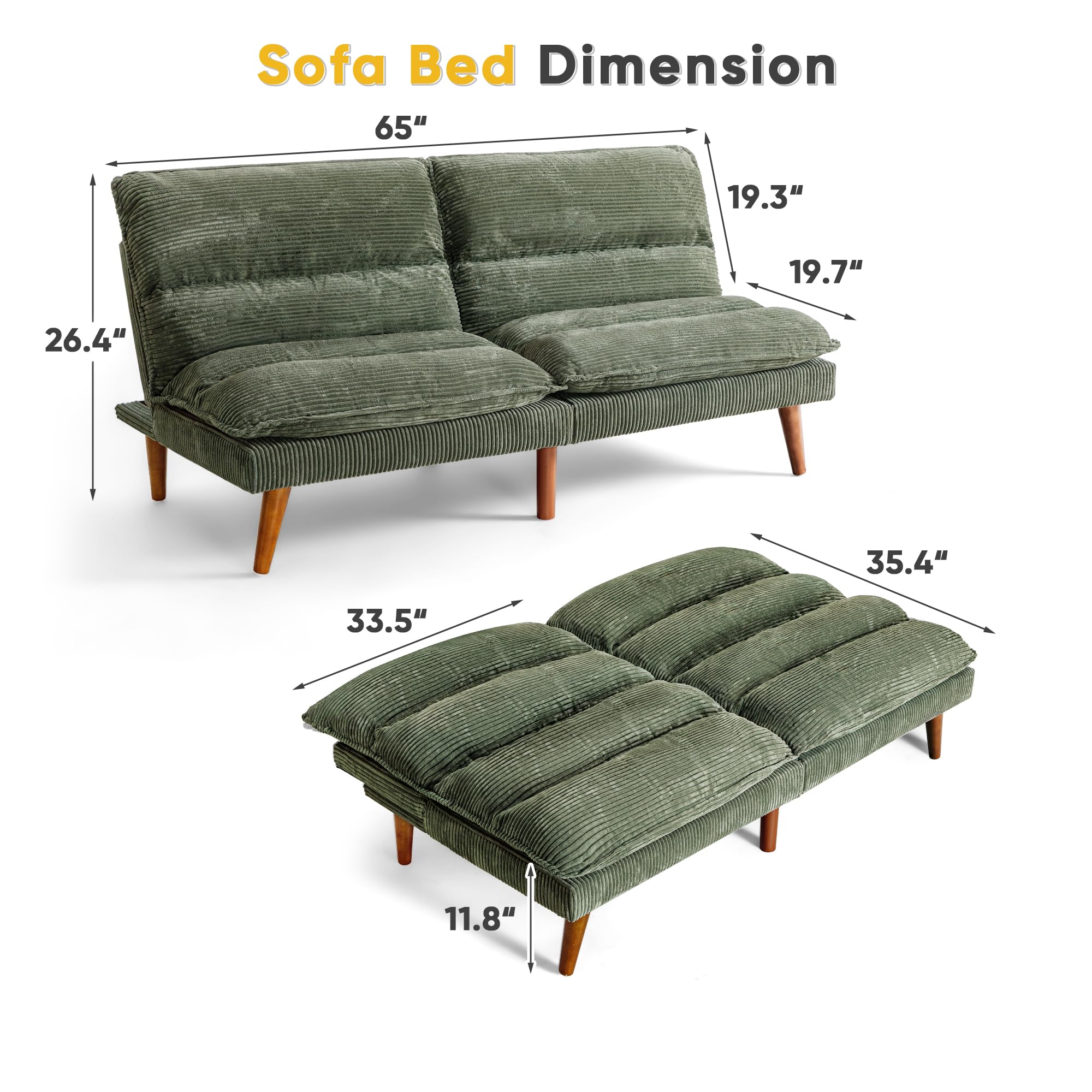 Flamaker Convertible Futon Sofa Bed - Adjustable Back Upholstered Sleeper Couch for Living Room, Guest Room & Small Spaces (Corduroy Fabric, Green) - Perfect for Apartments, Dorms & Home Offices