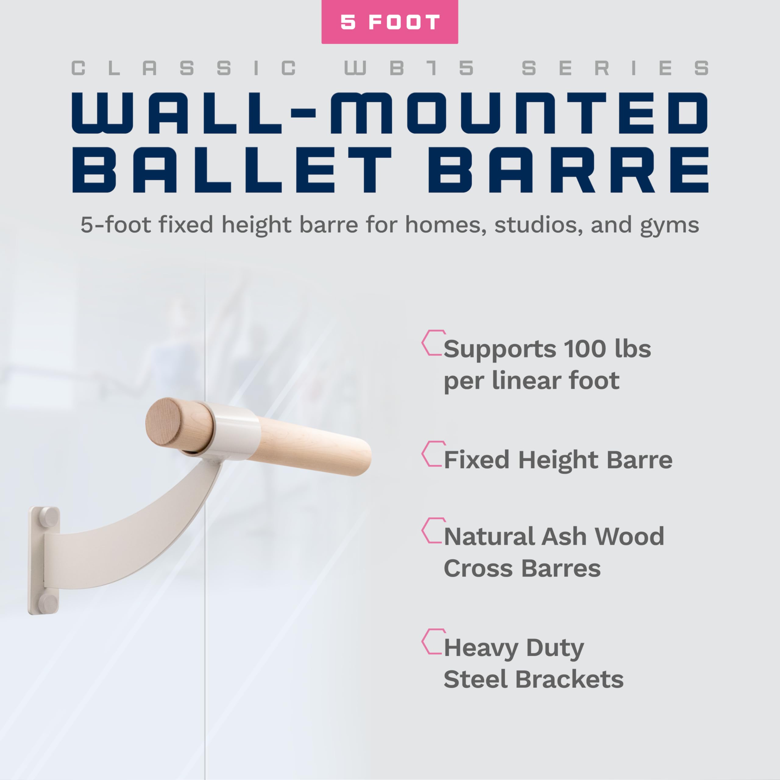 VITA Barre Wall-Mounted Single Ballet Barre - Classic WB15 Solid Wood Fixed Height Exercise Bar | Made in USA for Home, Studio & Gym | Kids & Adults Dance, Fitness, Pilates Training | Perfect for Ballet Practice, Stretching & Barre Workouts