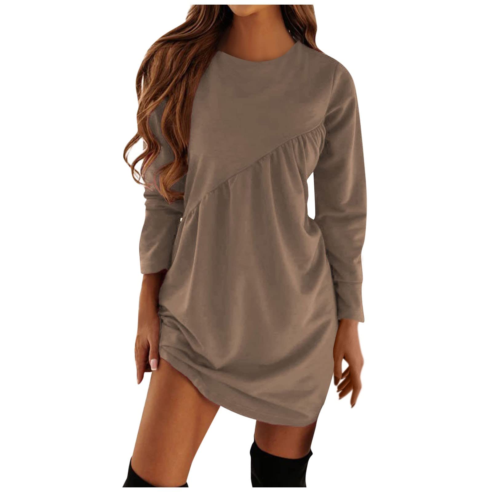 Women's Solid Pleated Long Sleeve Mini Tunic Dress - Round Neck Bodycon Pullover Casual Dress for Work, Party & Everyday Wear