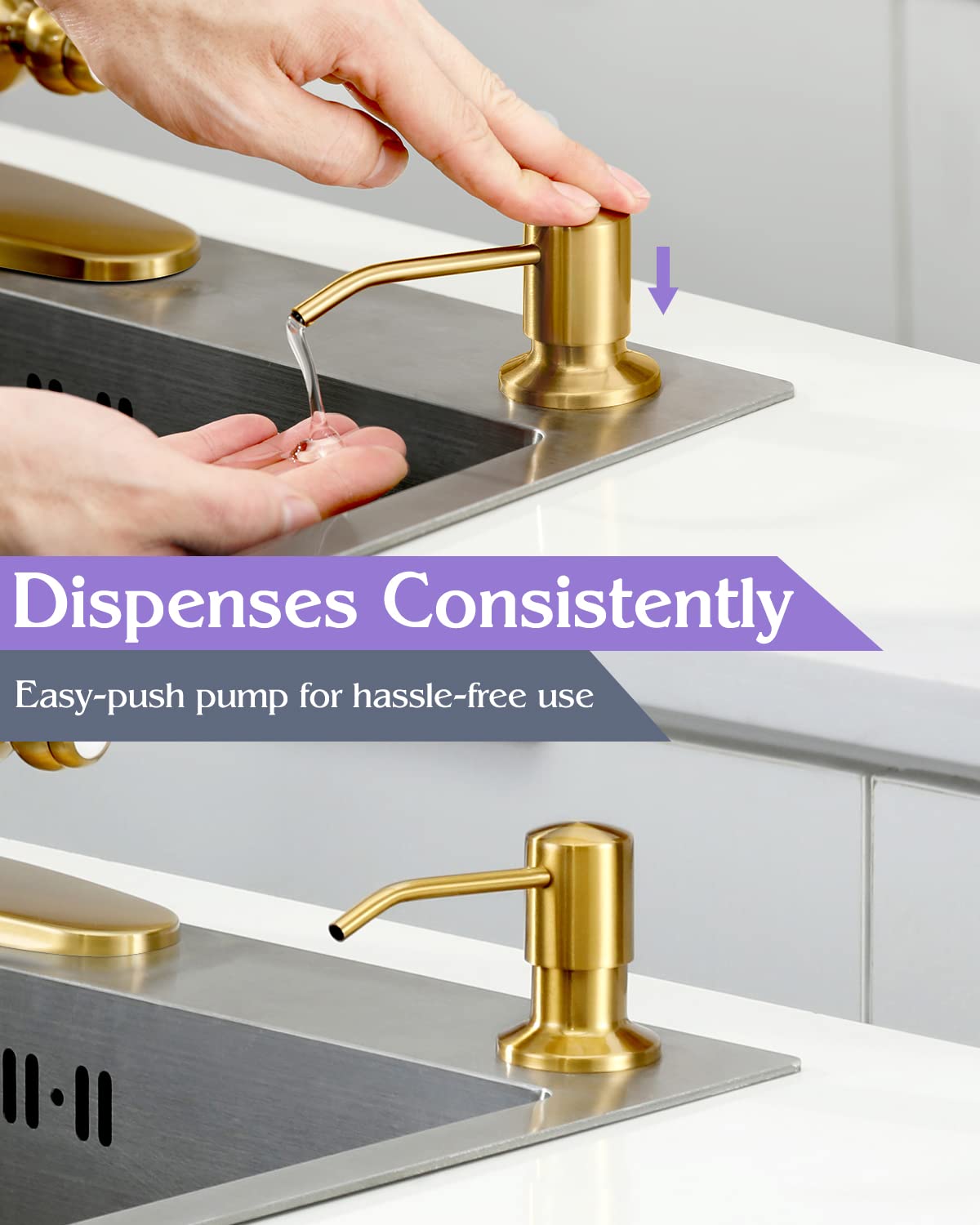 Stainless Steel Kitchen Soap Dispenser with Brushed Gold Finish - Top Refill Countertop Sink Soap Pump for Modern Kitchens and Bathrooms