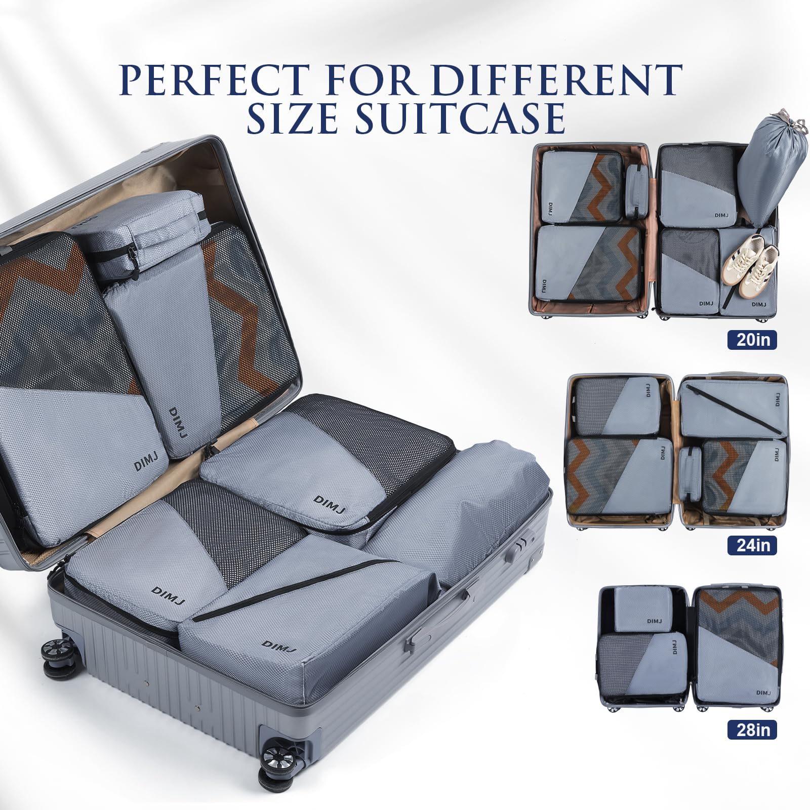 DIMJ Expandable Compression Packing Cubes for Travel - Lightweight Luggage Organizer Set with Shoe Bag, Laundry Bag & Underwear Bag (Grey) | Perfect for Suitcase Organization, Business Trips & Vacation Packing