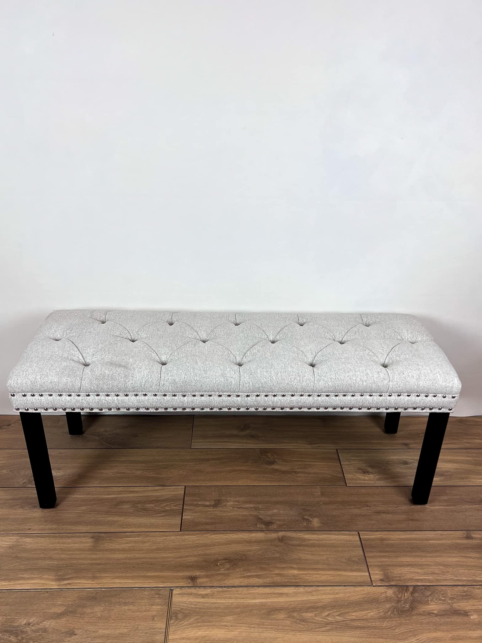 Cora Upholstered Tufted Bench - Dining Bench & Bedroom Seat with Silver Nailhead Trim, Cream Fabric - Perfect for Living Room, Hallway or End of Bed Decor