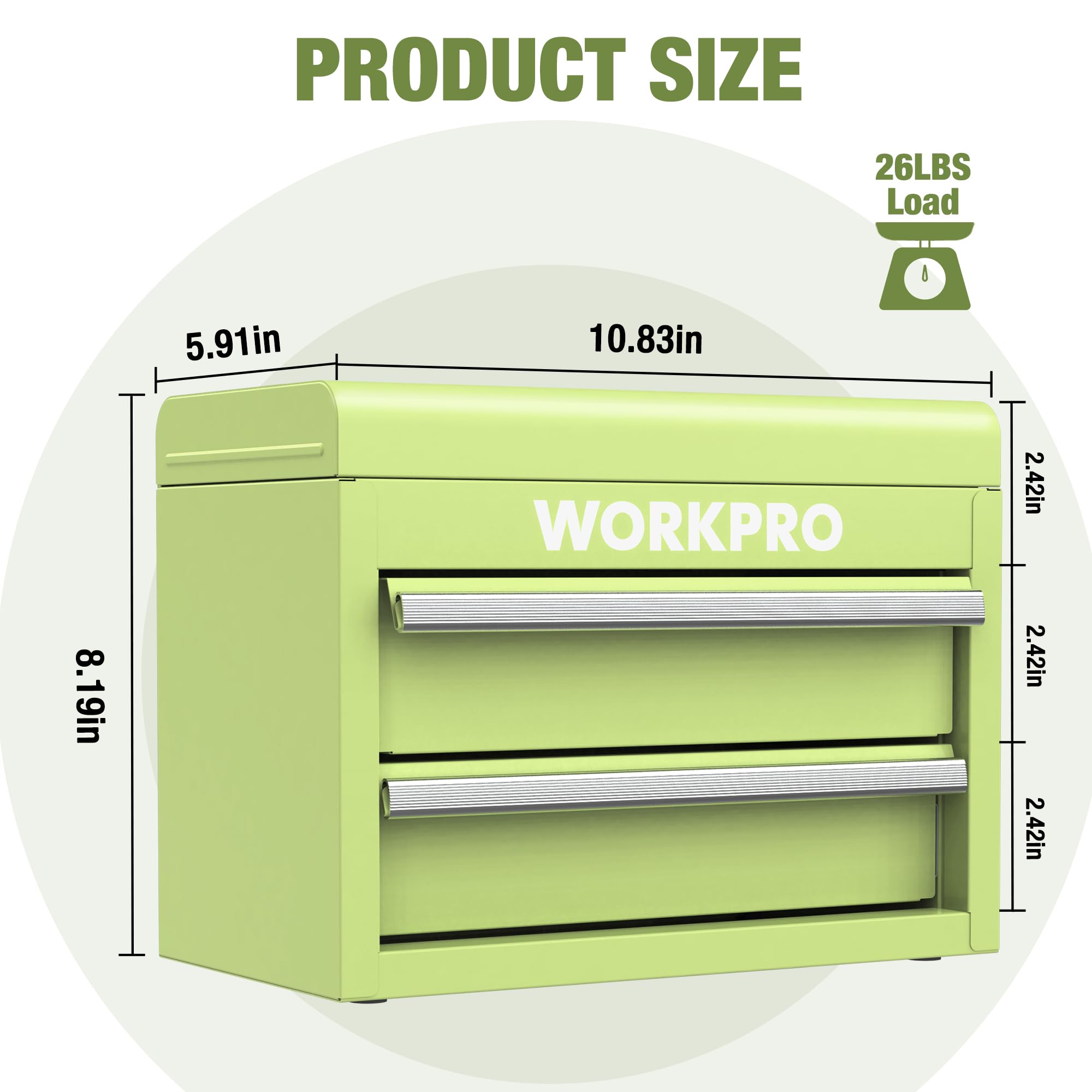WORKPRO Mini Metal Tool Box with 2 Drawers & Top Storage - Small Steel Tool Chest with PVC Liners, PP Feet Pads & Magnetic Tab - Durable Cold Rolled Steel Toolbox for Home Garage, Workshop & DIY Projects
