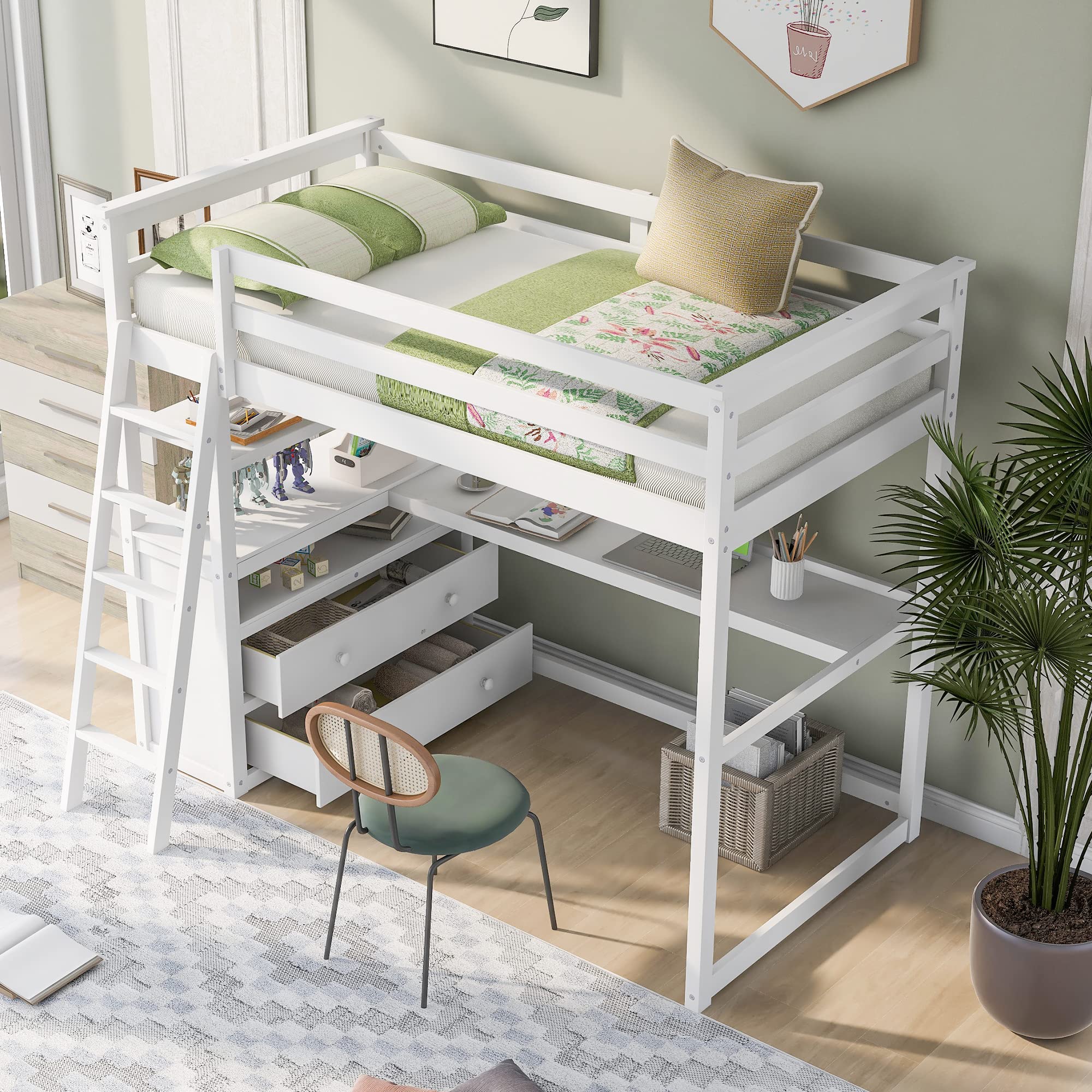 SOFTSEA Twin Size Solid Wood Loft Bed with Built-in Desk, Drawers & Storage Shelves - Multifunctional High Loft Bed for Kids & Teens (Boys/Girls) - Perfect for Small Bedrooms, Dorm Rooms & Space-Saving Kids' Rooms - White