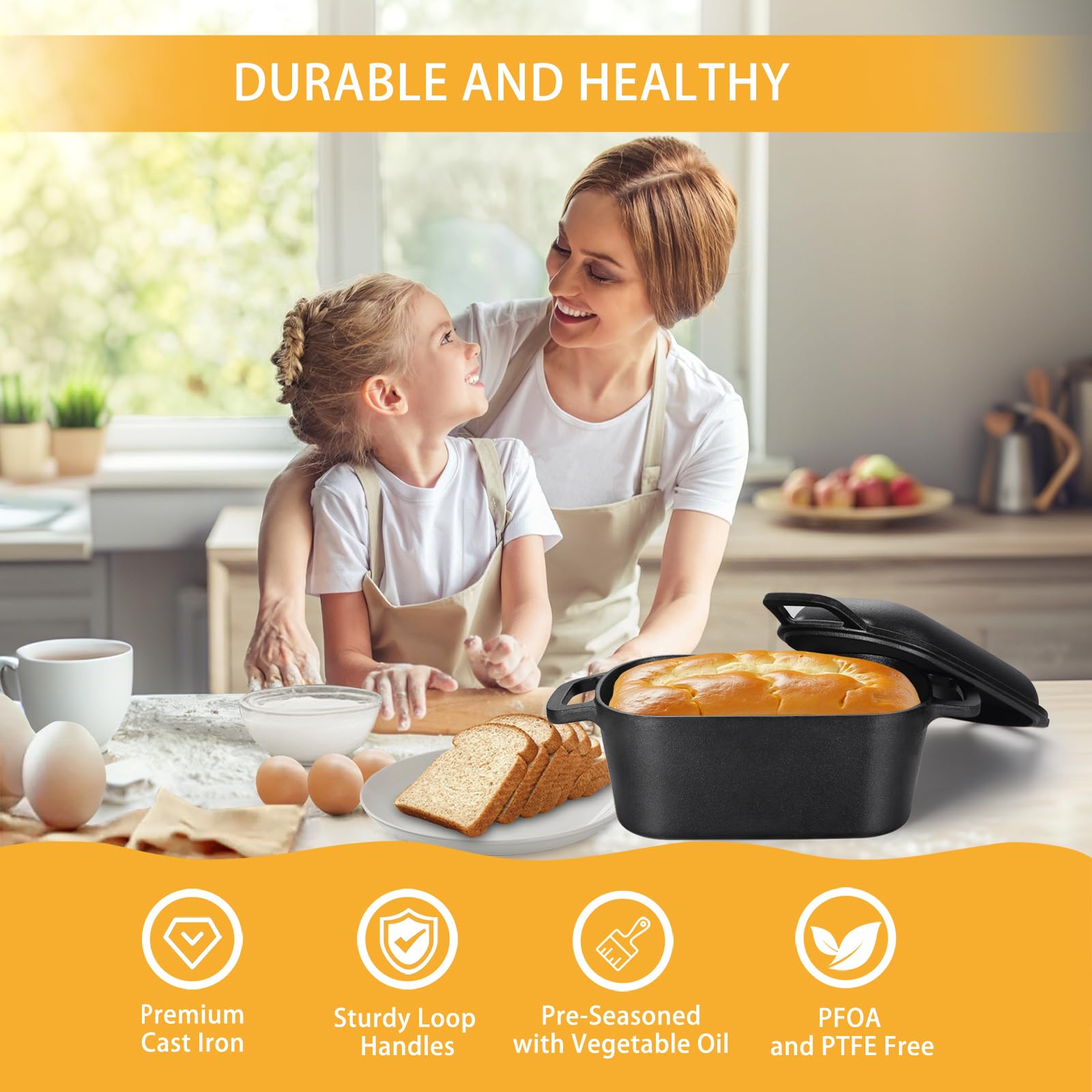 3.6QT Oval Dutch Oven for Bread Baking - Pre-Seasoned Cast Iron Sourdough Bread Pan with Lid | Perfect for Artisan Bread, Homemade Loaves & Camping Cooking