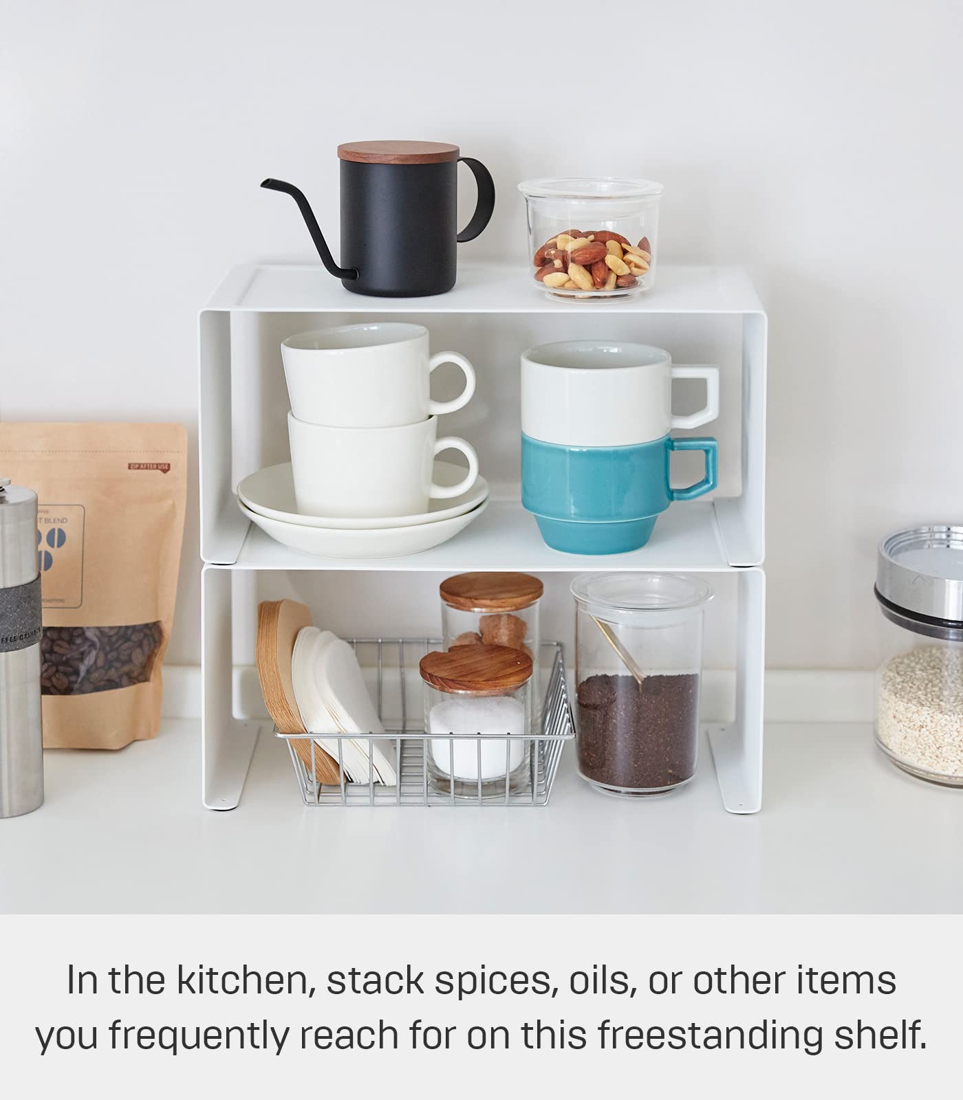 Yamazaki Home White Small Alloy Steel Stackable Kitchen Rack - Counter Shelf Storage Organizer for Spices, Utensils & Cookware - Perfect for Small Kitchens & Countertop Organization