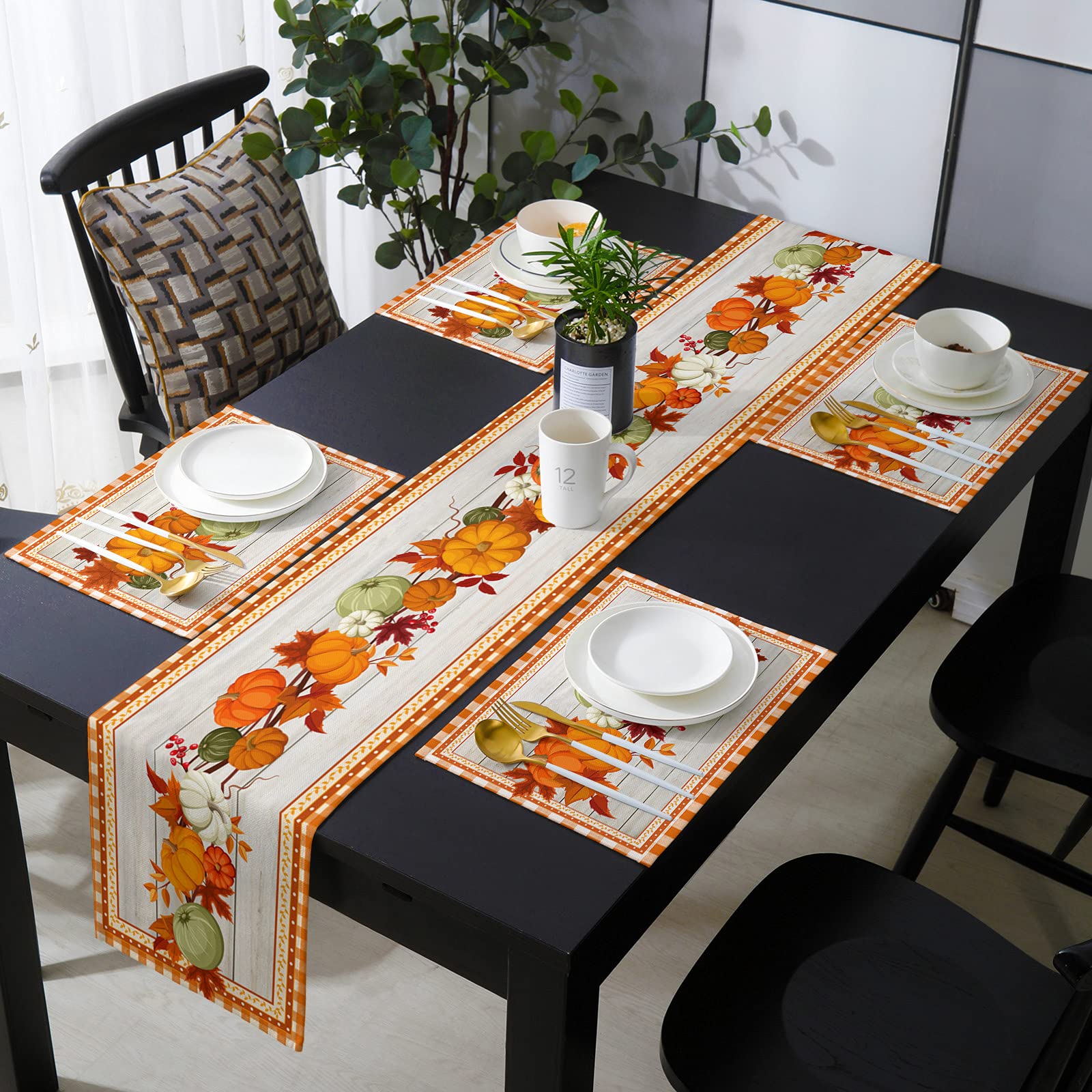 4-Piece Washable Linen Burlap Placemats Set with Matching Table Runner - Rustic Orange Plaid Autumn Leaf Design for Thanksgiving & Family Dinners - Perfect for Kitchen Dining Table Decor & Holiday Entertaining