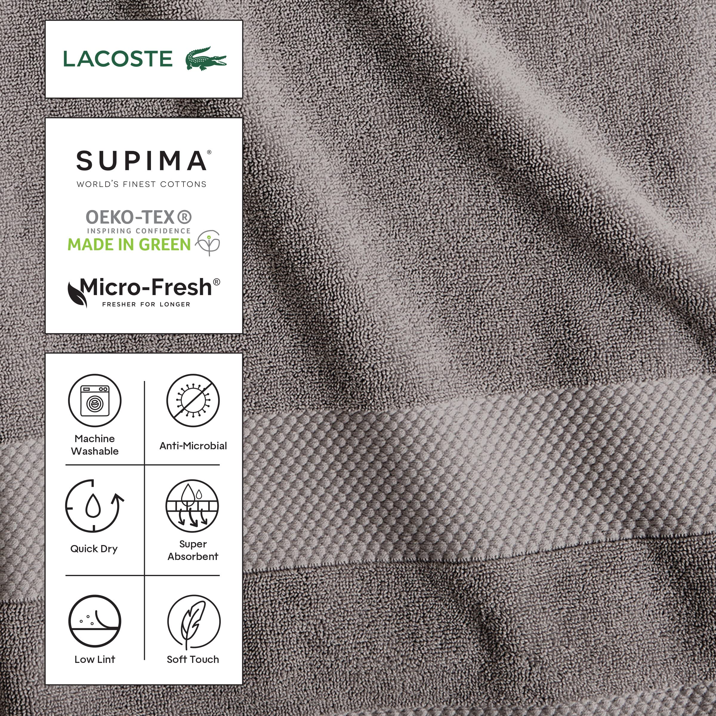 Lacoste Heritage Supima Cotton Wash Cloth - Ultra Soft 13x13 Inch Face & Body Towel for Spa, Gym & Travel - Chalk White