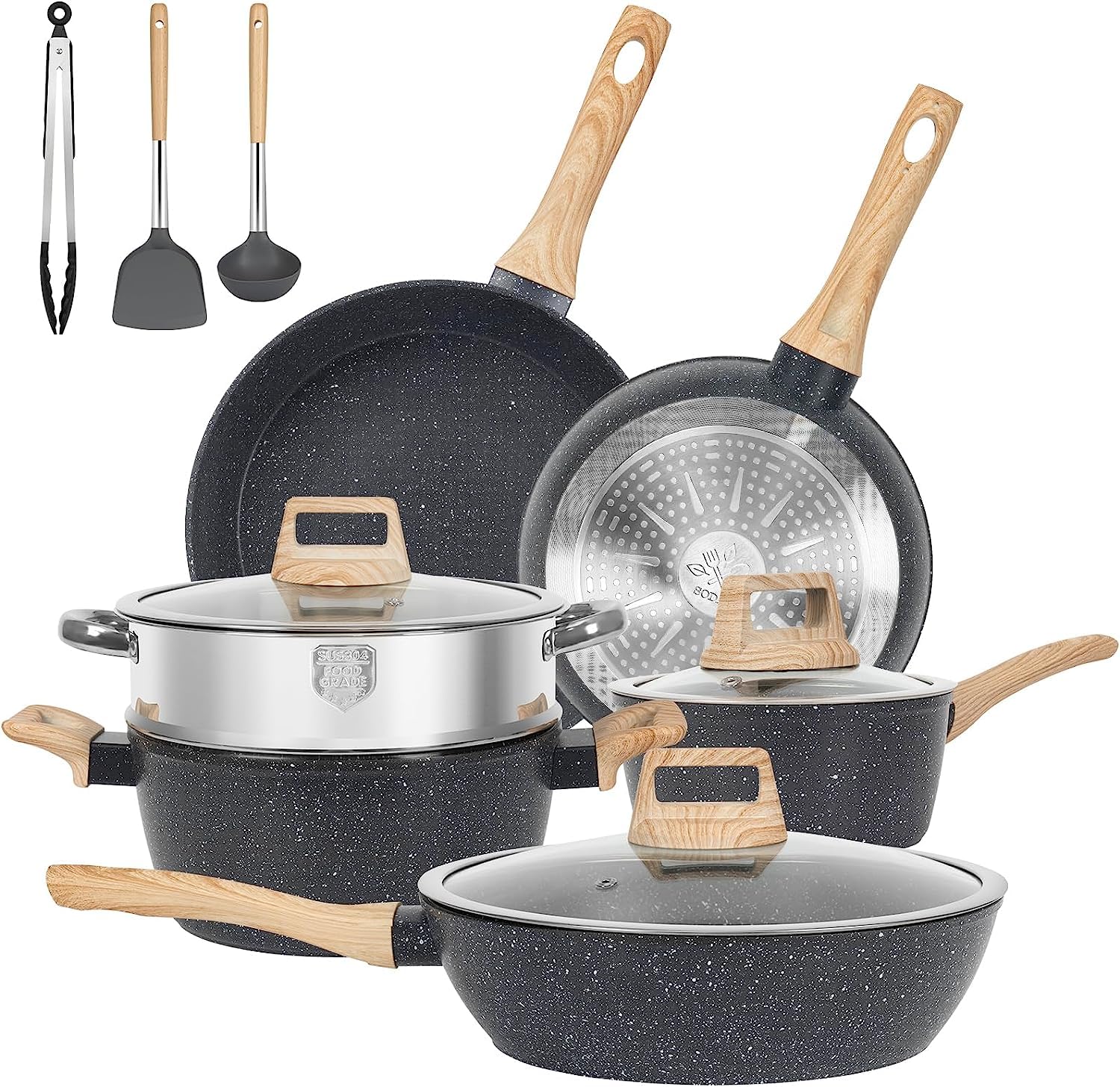 12-Piece Nonstick Cookware Set - Black Granite Induction Pots and Pans Set | PFAS, PFOA, PFOS Free | Healthy Kitchen Cooking Set with Frying Pans, Saucepans & Steamer | Perfect for Home Chefs, Daily Cooking & Family Meals