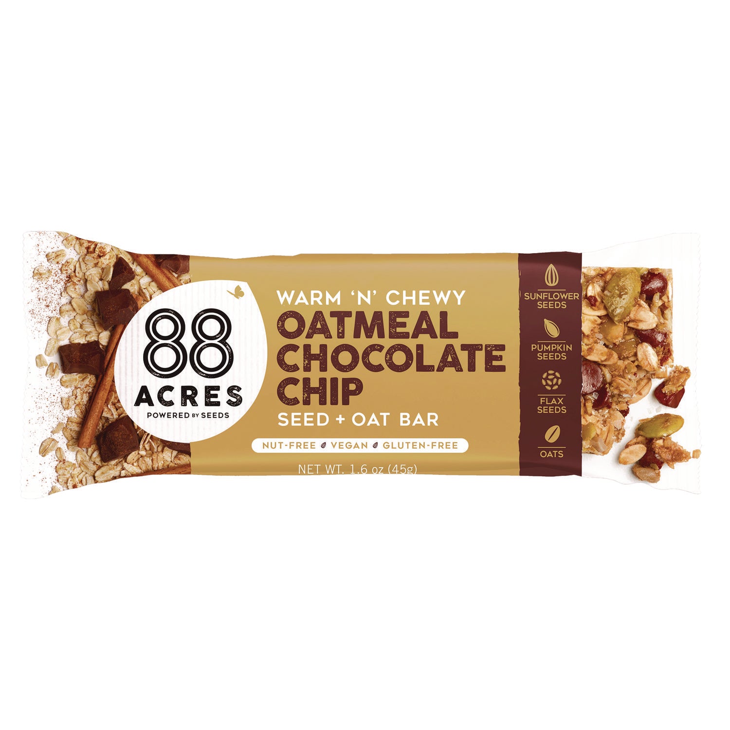 88 ACRES Warm 'N Chewy Gluten Free Oatmeal Chocolate Chip Seed & Oat Bar - 1.6 oz (9 Pack) | Healthy Snack for Hiking, Travel & On-the-Go Energy