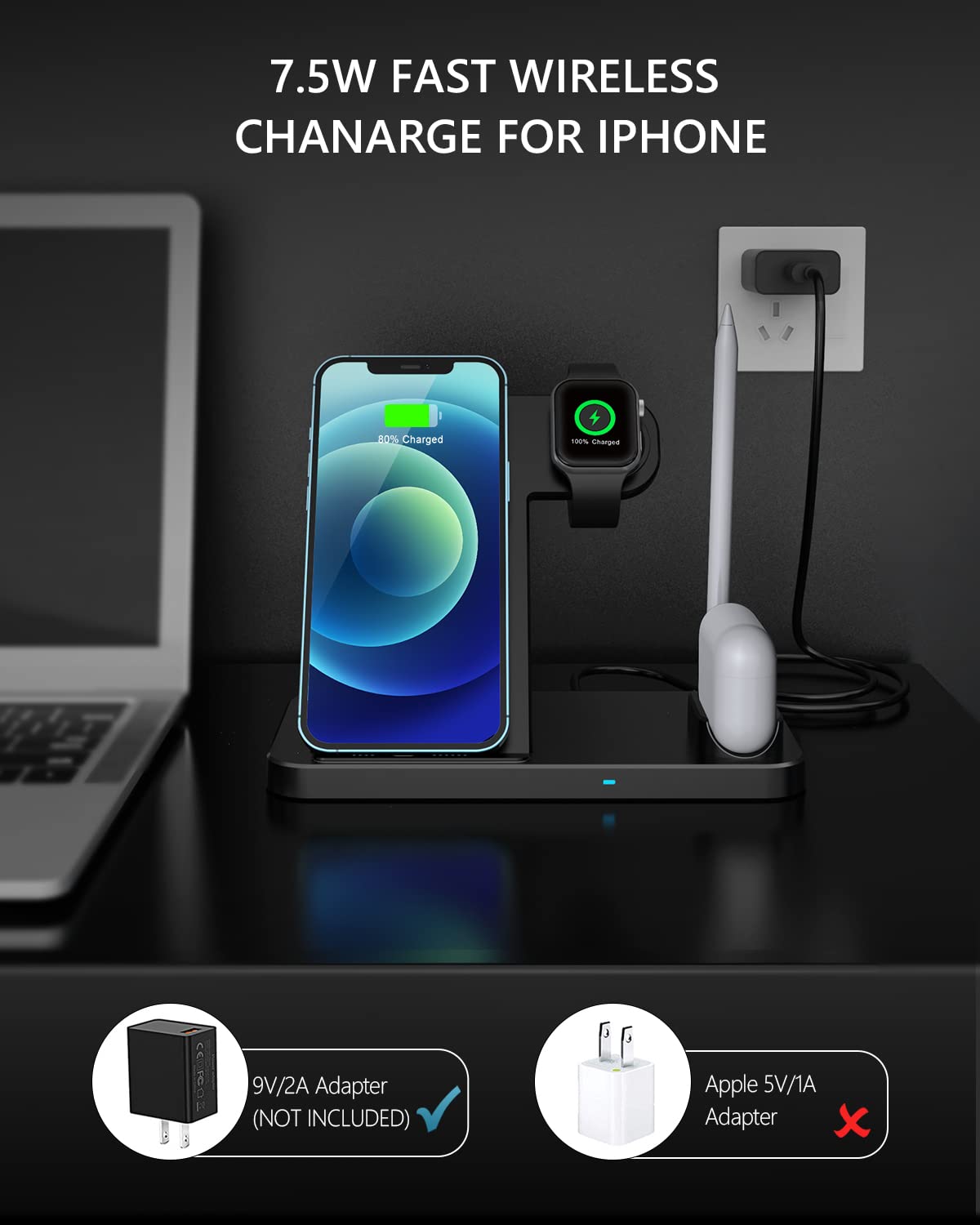 4-in-1 Fast Wireless Charging Station for iPhone 12/11/8/X & Samsung - Apple Watch & AirPods Pro Charger | Multi-Device Wireless Charging Stand for Home, Office & Nightstand Use