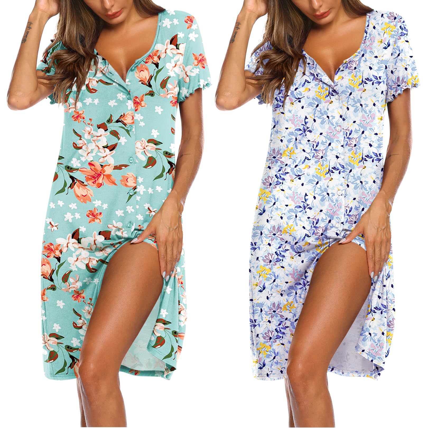 Ekouaer Women's 2-Pack Button Down Nightgowns - Short Sleeve V-Neck Sleep Shirts & Pajama Dresses for Comfortable Sleepwear | Perfect for Bedtime, Lounging & Maternity Wear