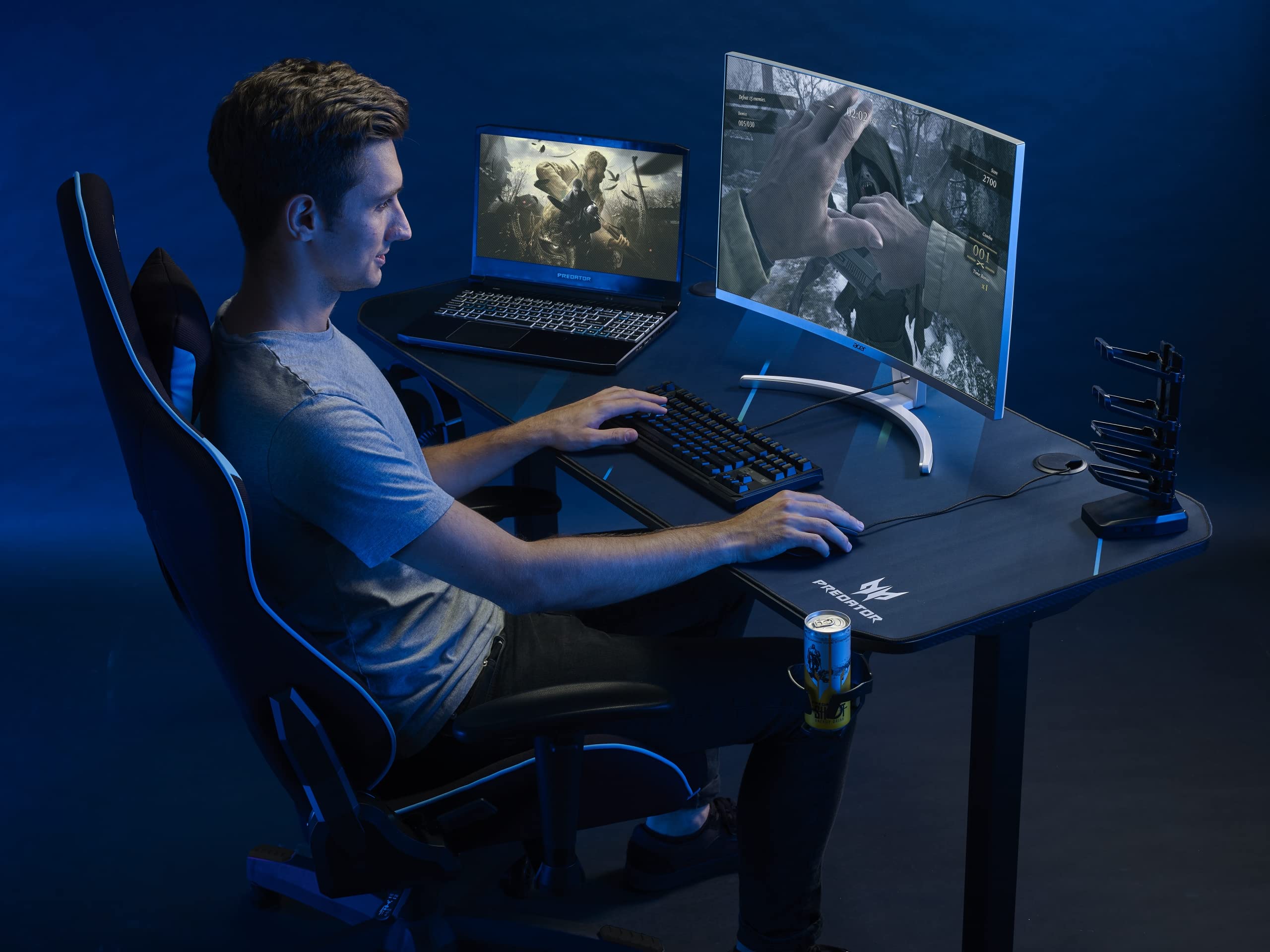 Acer Predator 55-Inch Gaming Desk with Carbon Fiber Top, Full-Surface Mouse Pad, Headphone Stand & Cup Holder | Ergonomic Computer Desk with Cable Management for PC & Console Gamers | Perfect for Streaming, Esports & Home Office Setup