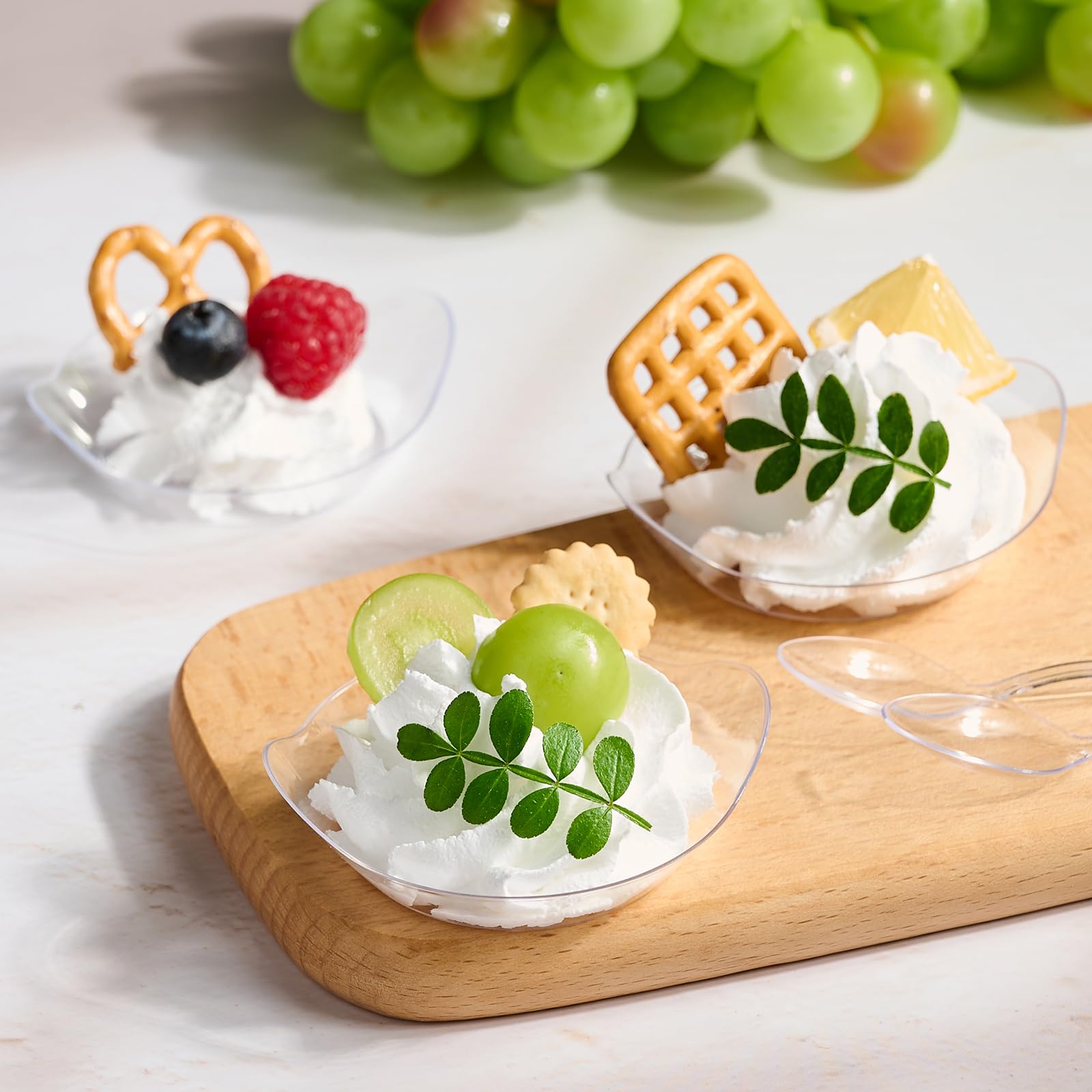 Kucoele 100 Pack Mini Clear Plastic Dessert Plates with Spoons - Disposable Small Serving Trays for Appetizers, Fruits, Cakes & Party Snacks - Perfect for Birthday Celebrations, Wedding Receptions & Cocktail Events
