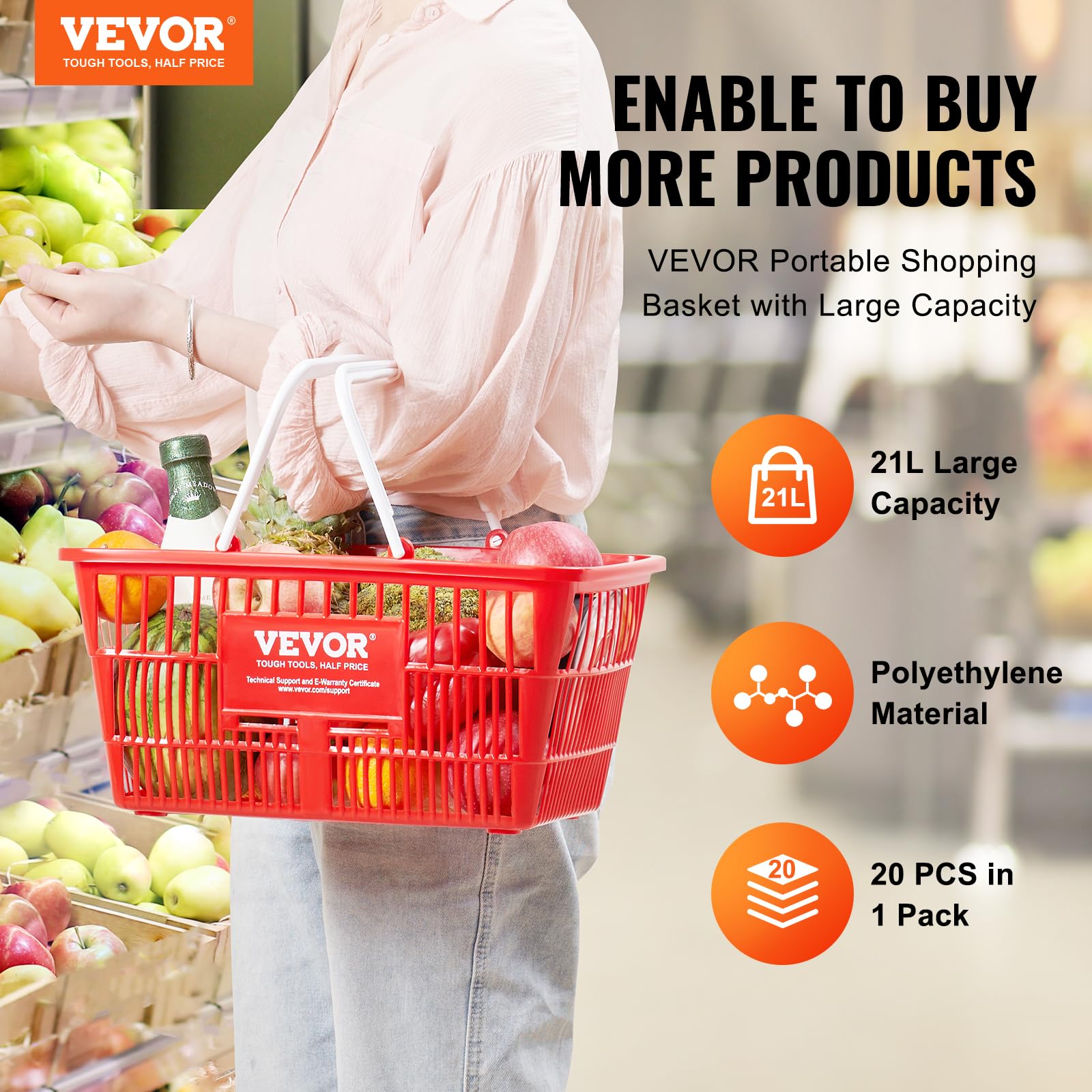 VEVOR 20-Pack Plastic Shopping Baskets with Handles - 21L Durable Grocery Baskets (16.5