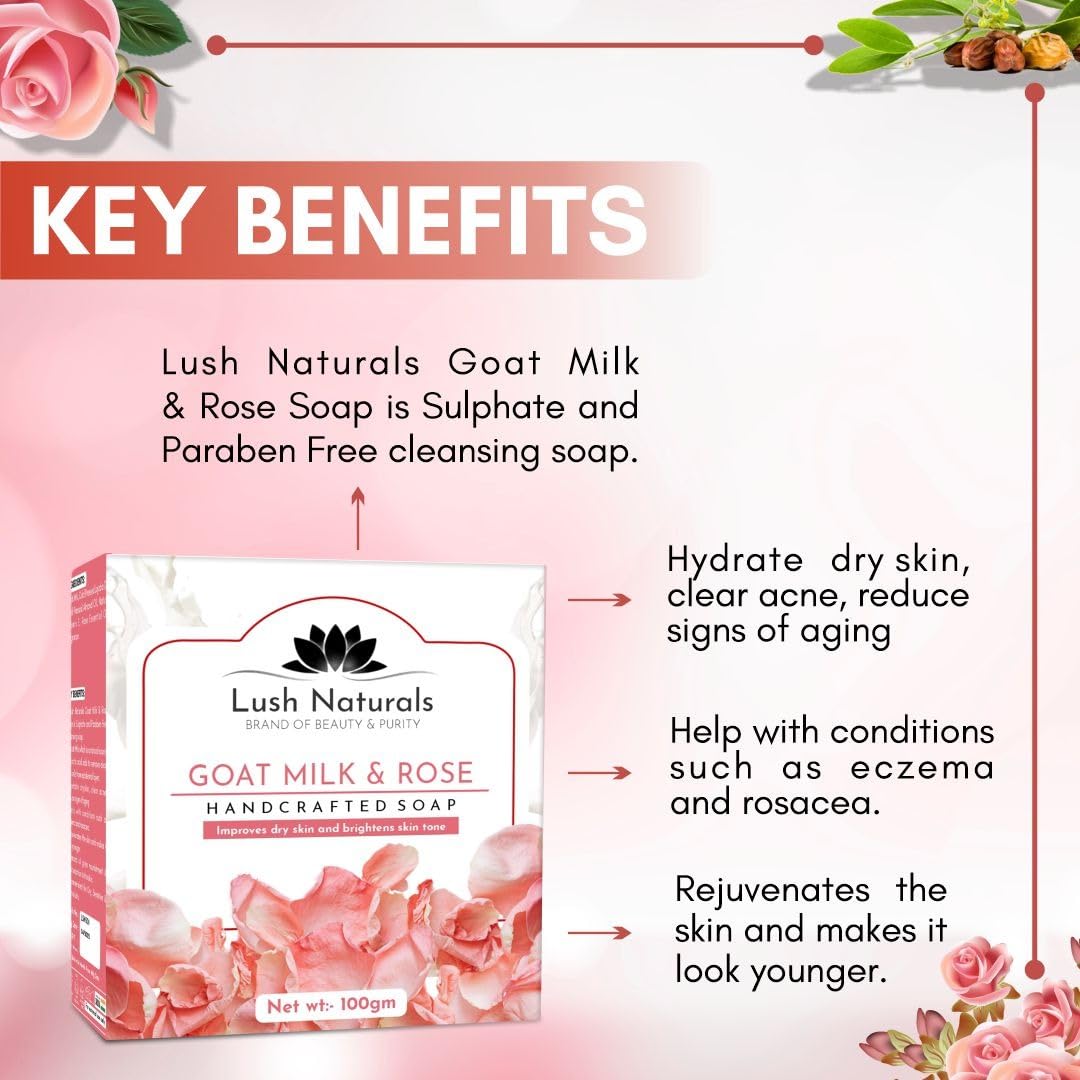 Lush Naturals Goat Milk & Rose Soap (Pack of 3) - Moisturizing & Fragrant Handmade Soap for Dry Skin, Sensitive Skin Care - Perfect for Bath, Shower & Gift Giving