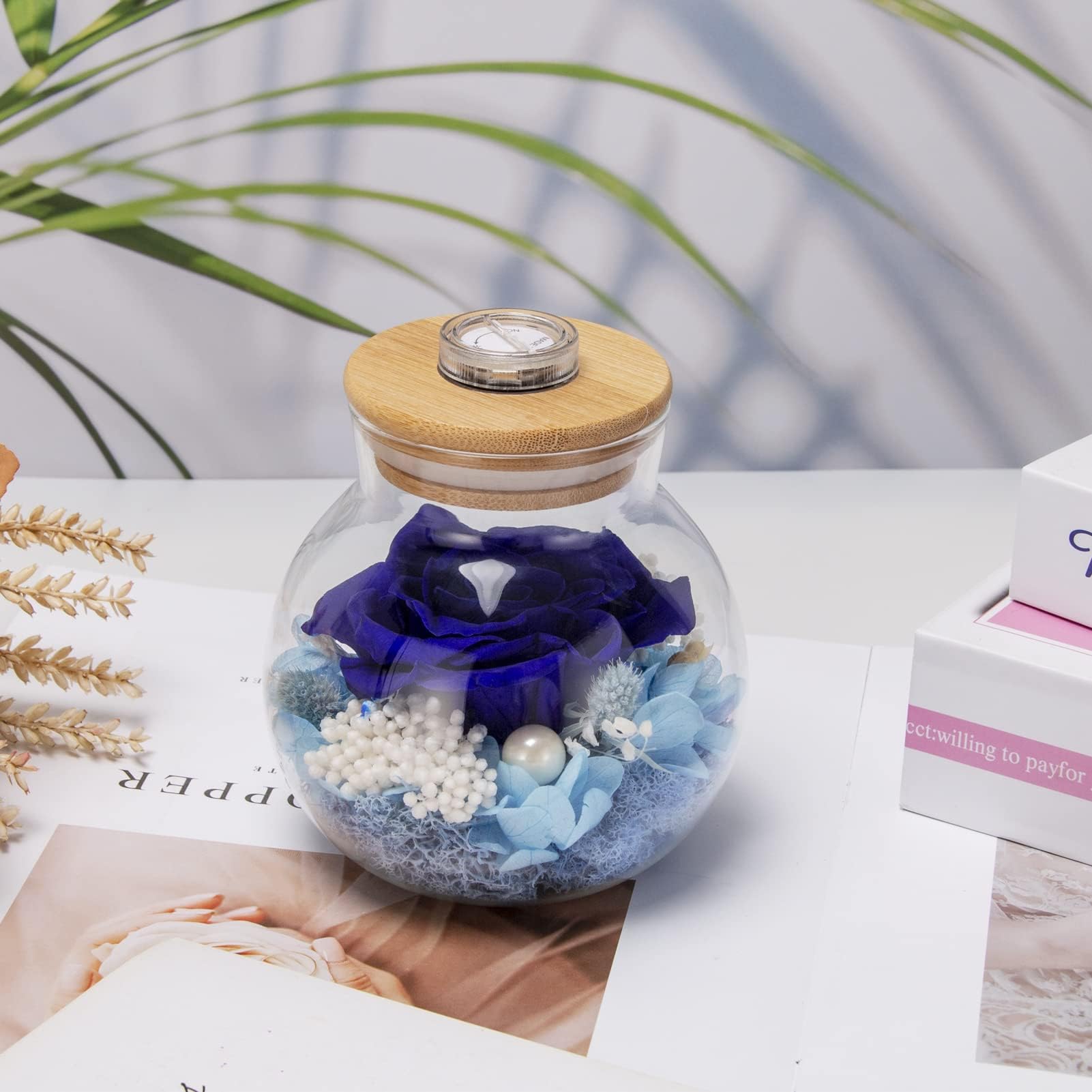 Blue Preserved Rose in Glass Dome - Eternal Flower Gift for Mother's Day, Birthday, Valentine's, Anniversary - Romantic Light-Up Rose with Wishing Bottle for Mom, Wife, Grandma - Perfect Home Decor & Keepsake Gift