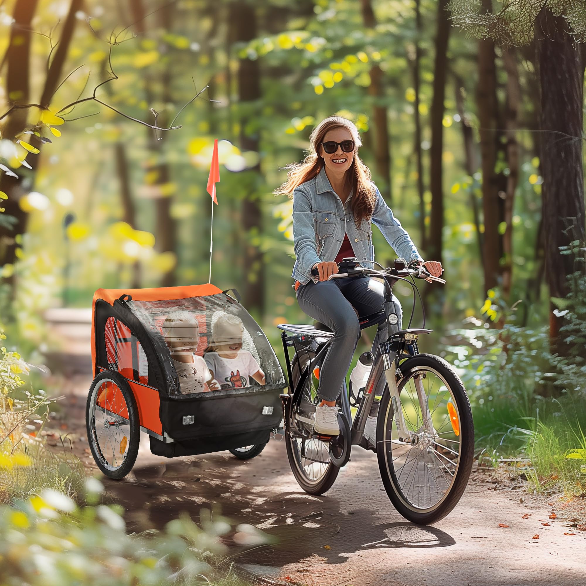 Aosom Heavy Duty Double Bike Trailer for Kids & Toddlers - Steel Frame Bicycle Cargo Carrier with 5-Point Safety Harness, Weatherproof Cover, Reflective Stripes & Safety Flag - Perfect for Family Cycling, Grocery Trips & Outdoor Adventures