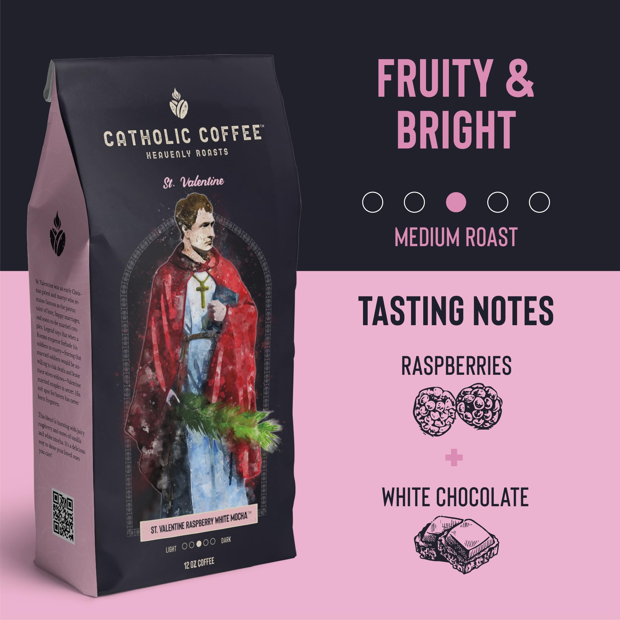 Premium St. Valentine Raspberry White Chocolate 12 oz Whole Bean Catholic Coffee - Small-Batch Artisan Crafted Coffee Gift for Religious Faithful & Gourmet Coffee Enthusiasts - Perfect for Prayer Time, Bible Study & Cozy Morning Brews