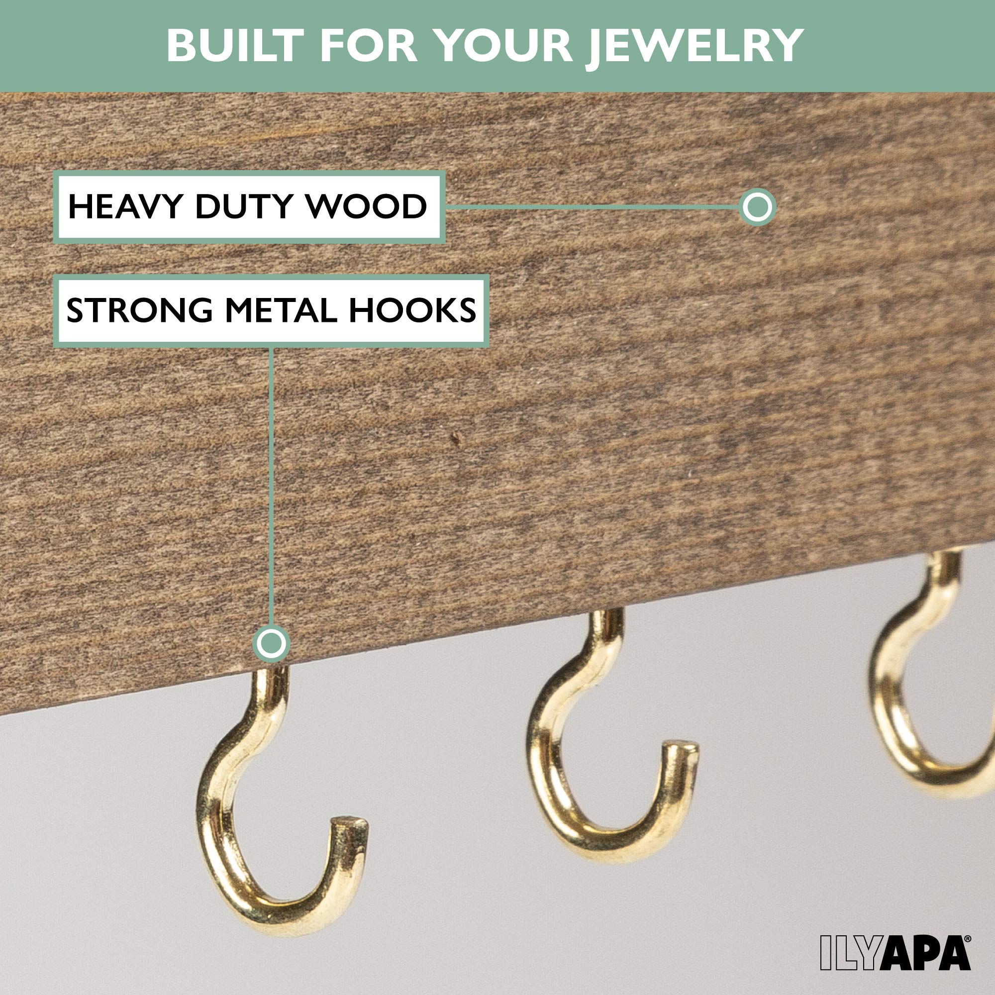 Rustic Wall Mounted Jewelry Organizer Shelf - Brown Wooden Hanger for Necklaces, Earrings & Bracelets with Hooks | Perfect for Bedroom, Bathroom & Closet Organization