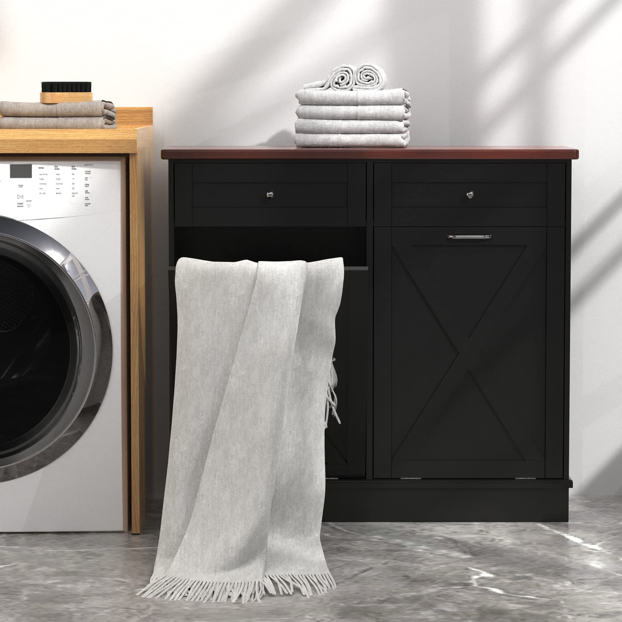 Farmhouse Style Double Tilt Out Trash Can Cabinet with Solid Wood Tabletop - Odor Blocking, Pet Proof Kitchen Organizer - Perfect for Laundry Room, Pantry & Small Space Storage