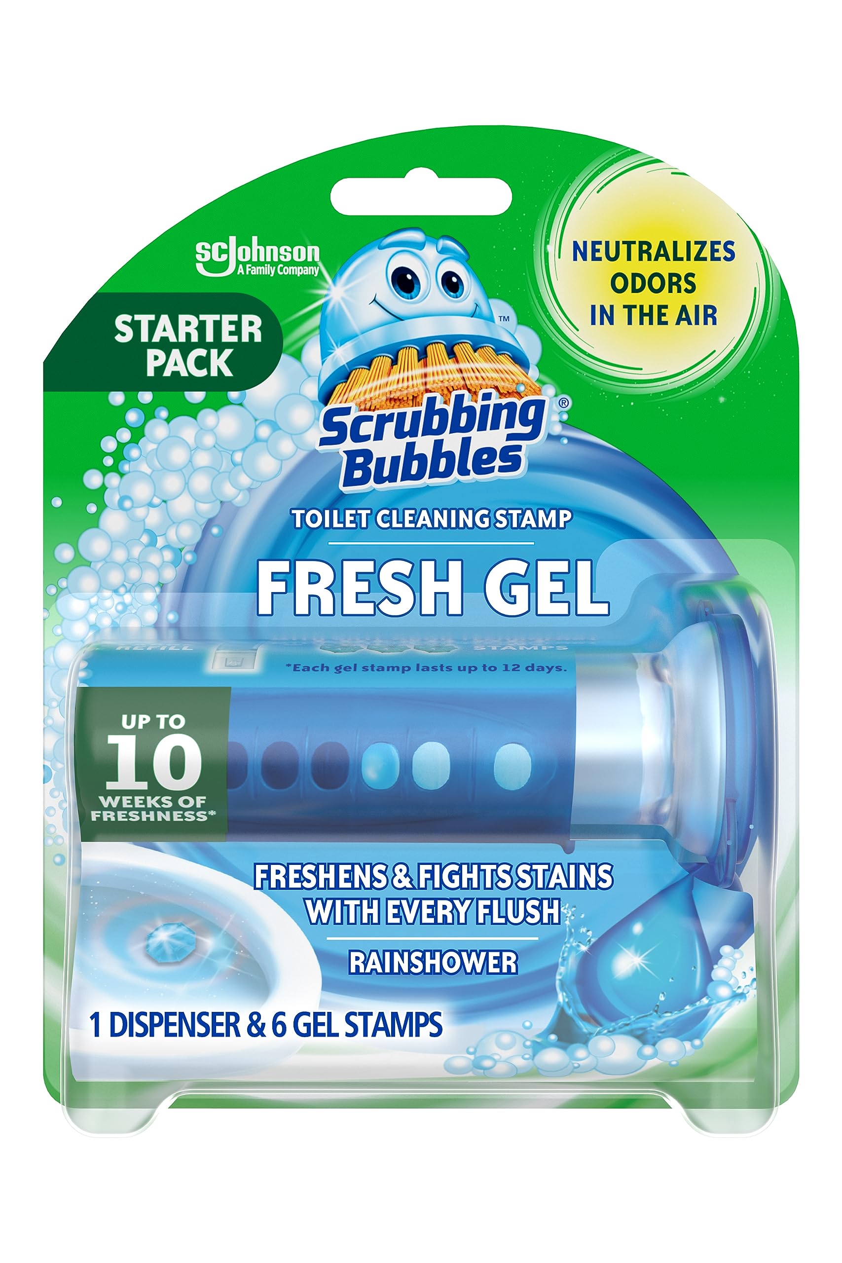 Scrubbing Bubbles Fresh Gel Toilet Bowl Cleaning Stamps - 6 Pack with Dispenser | Prevents Limescale, Rings & Keeps Toilet Clean | Rainshower Scent | Ideal for Bathroom, Home & Office Use