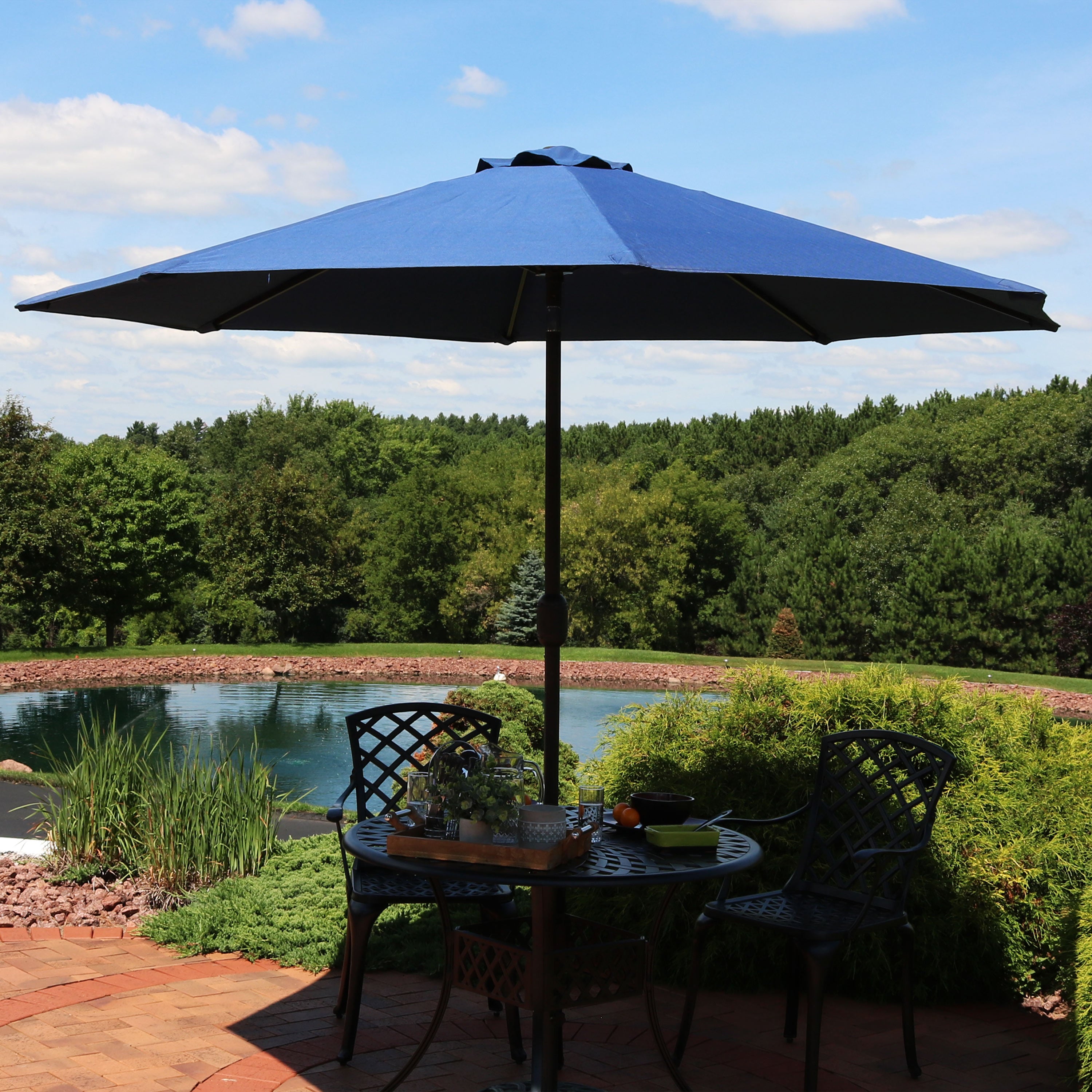Sunnydaze 9-Foot Aluminum Spun Poly Market Umbrella with Tilt & Crank - Navy Blue Outdoor Patio Umbrella for Garden, Poolside, and Restaurant Use