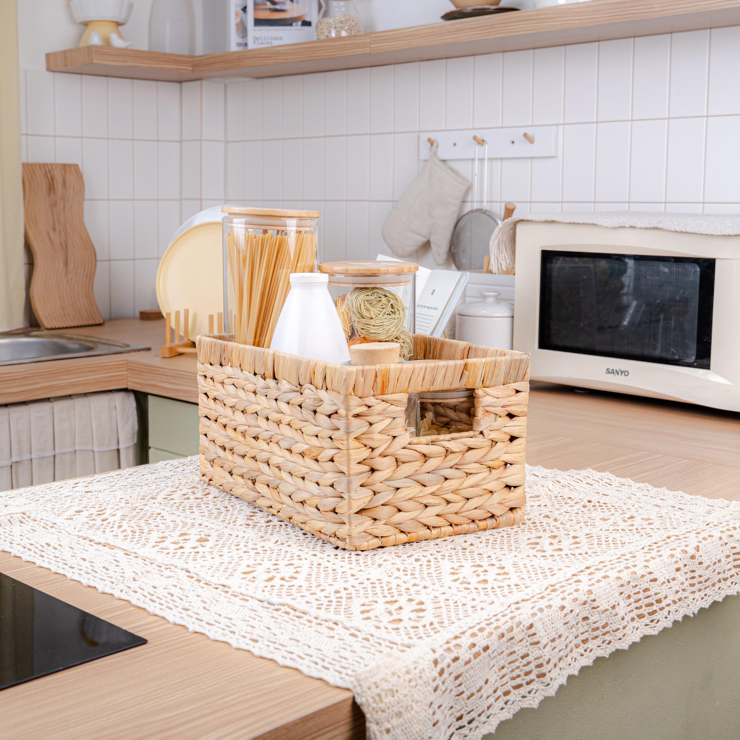 6-Pack Medium Woven Wicker Storage Baskets - Natural Water Hyacinth Storage Bins for Shelves, Home Organization, Laundry & Closet | Perfect for Farmhouse, Boho & Coastal Decor