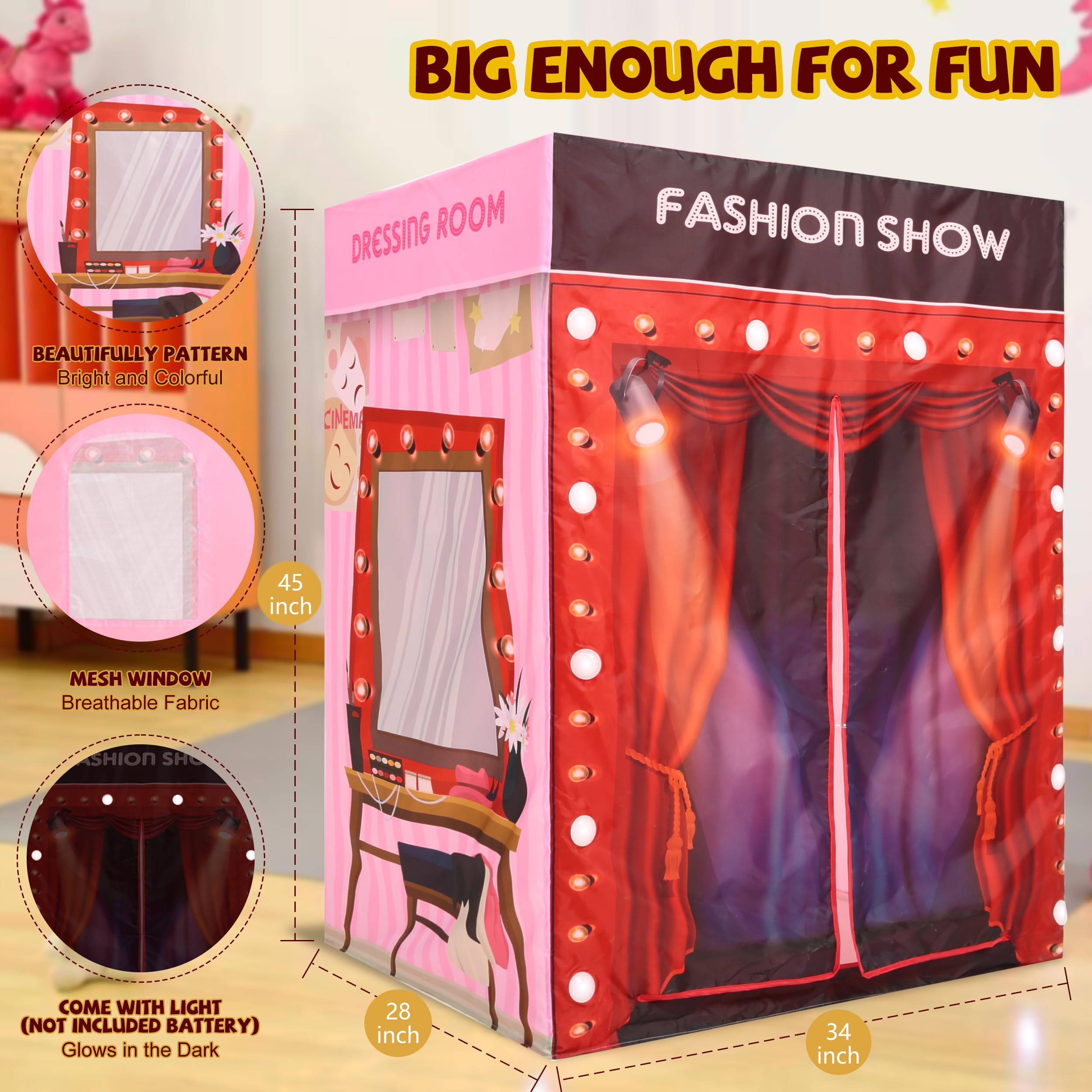 Foldable Kids Play Tent with LED Lights - Princess Castle & Fashion Show Tent for Indoor Play, Birthday Parties & Sleepovers