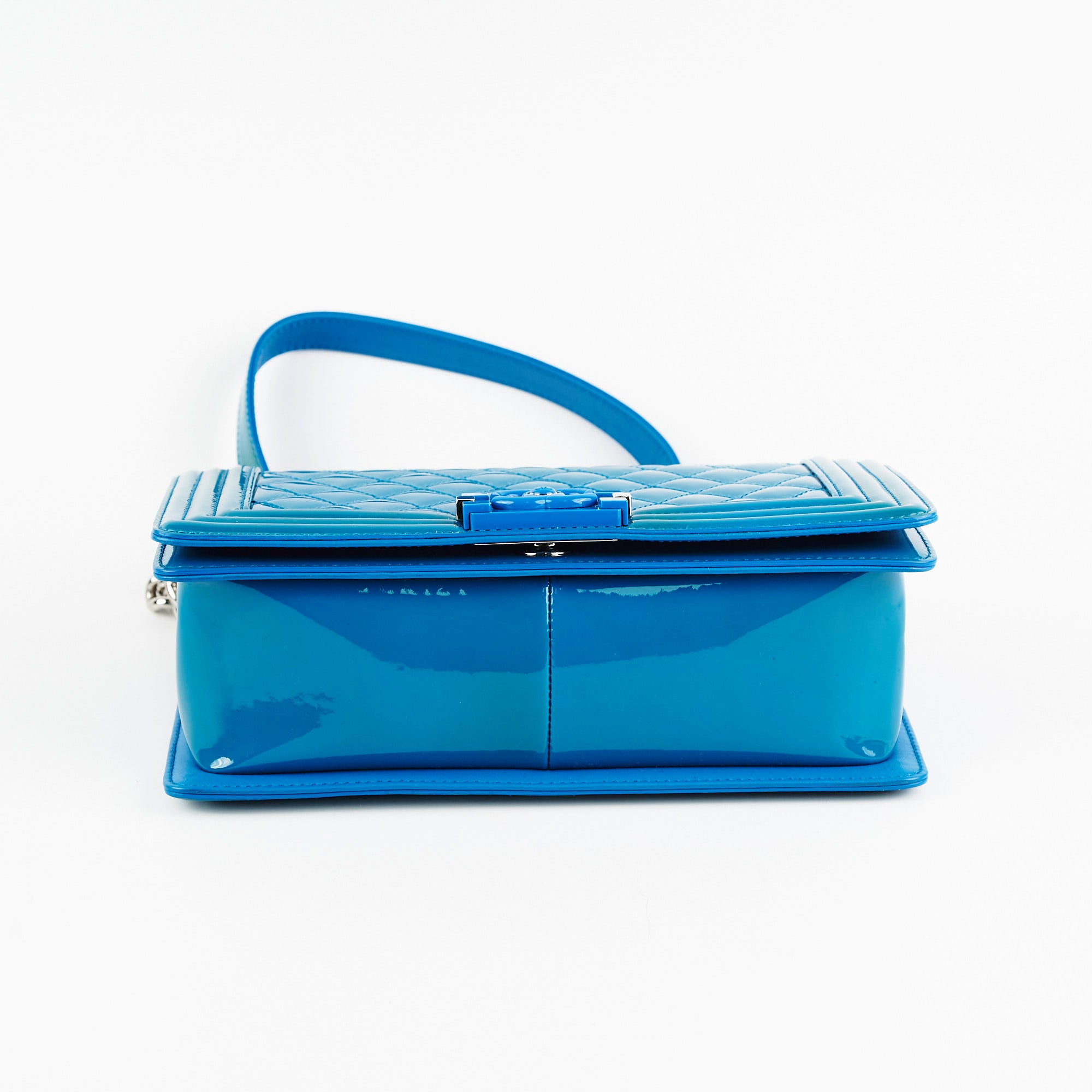 Chanel Boy Old Medium Handbag in Turquoise Blue Patent Leather - Perfect for Evening Events, Parties & Luxury Fashion Accessories