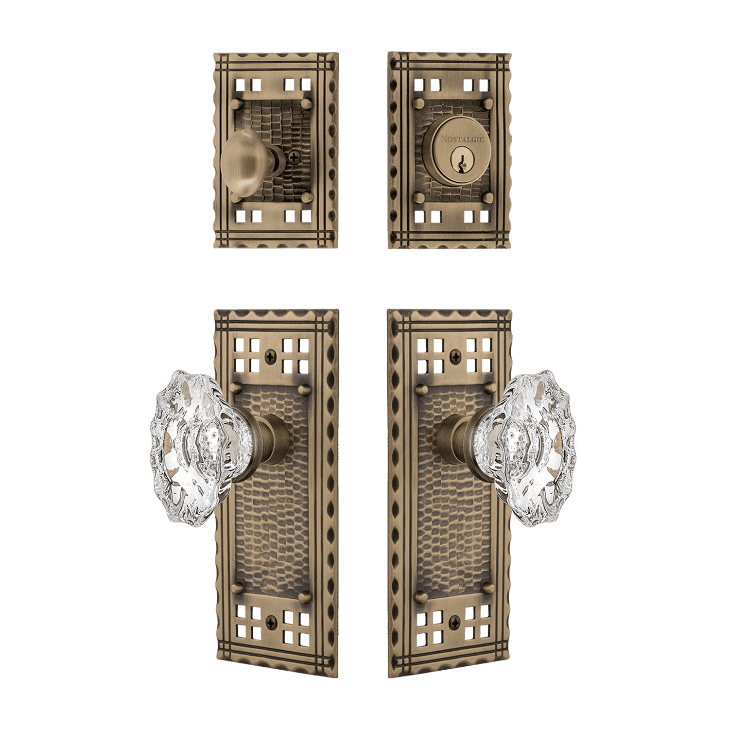 Craftsman Entry Door Set with Chateau Crystal Knob in Antique Brass Finish - Vintage Style Door Hardware for Home & Office Entryways