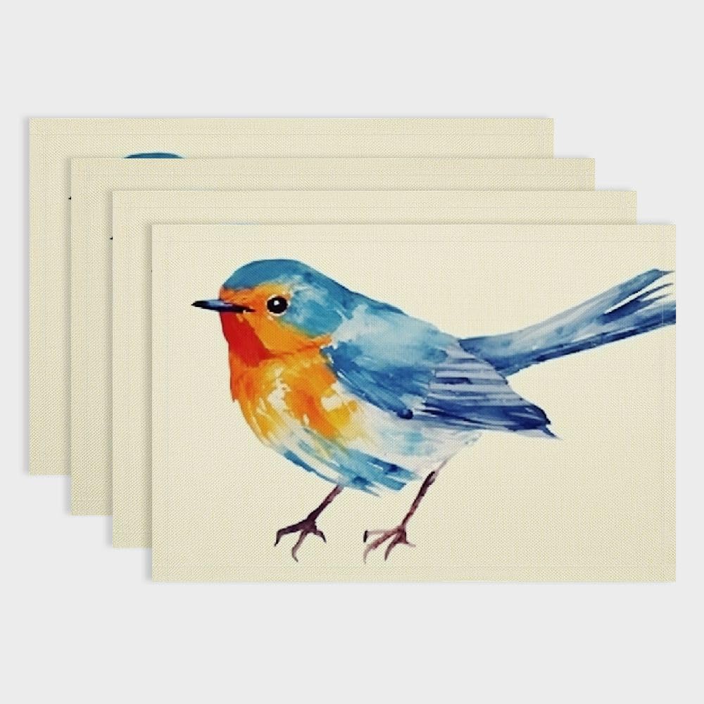 Yellow Floral Bird Placemats Set of 4 - 18x12 Inch Washable Linen Burlap Table Mats with Heat Insulation for Dining & Kitchen - Elegant Double-Layer Floral Table Decor for Home, Parties & Outdoor Dining