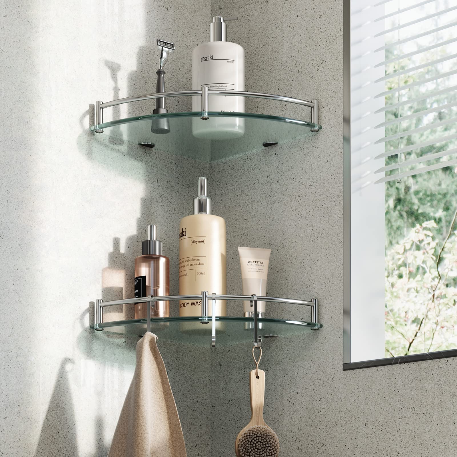 HouseMila 2-Tier Tempered Glass Corner Shower Shelf Organizer with 3 Bonus Hangers - Rustproof Bathroom Storage for Shampoo, Soap & Accessories - Perfect for Small Showers & Tight Spaces