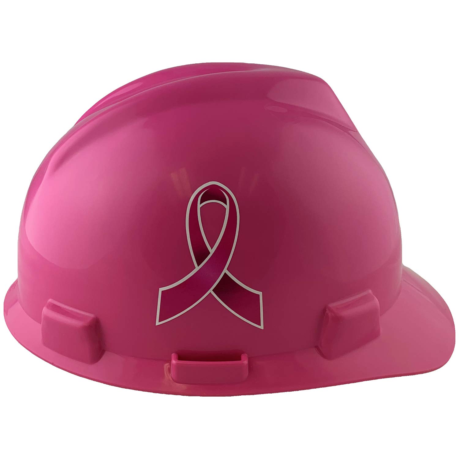 MSA V-Gard Cap Style Hard Hat with Pink Breast Cancer Awareness Ribbon Decals - OSHA Approved Safety Helmet for Construction, Industrial & Awareness Events