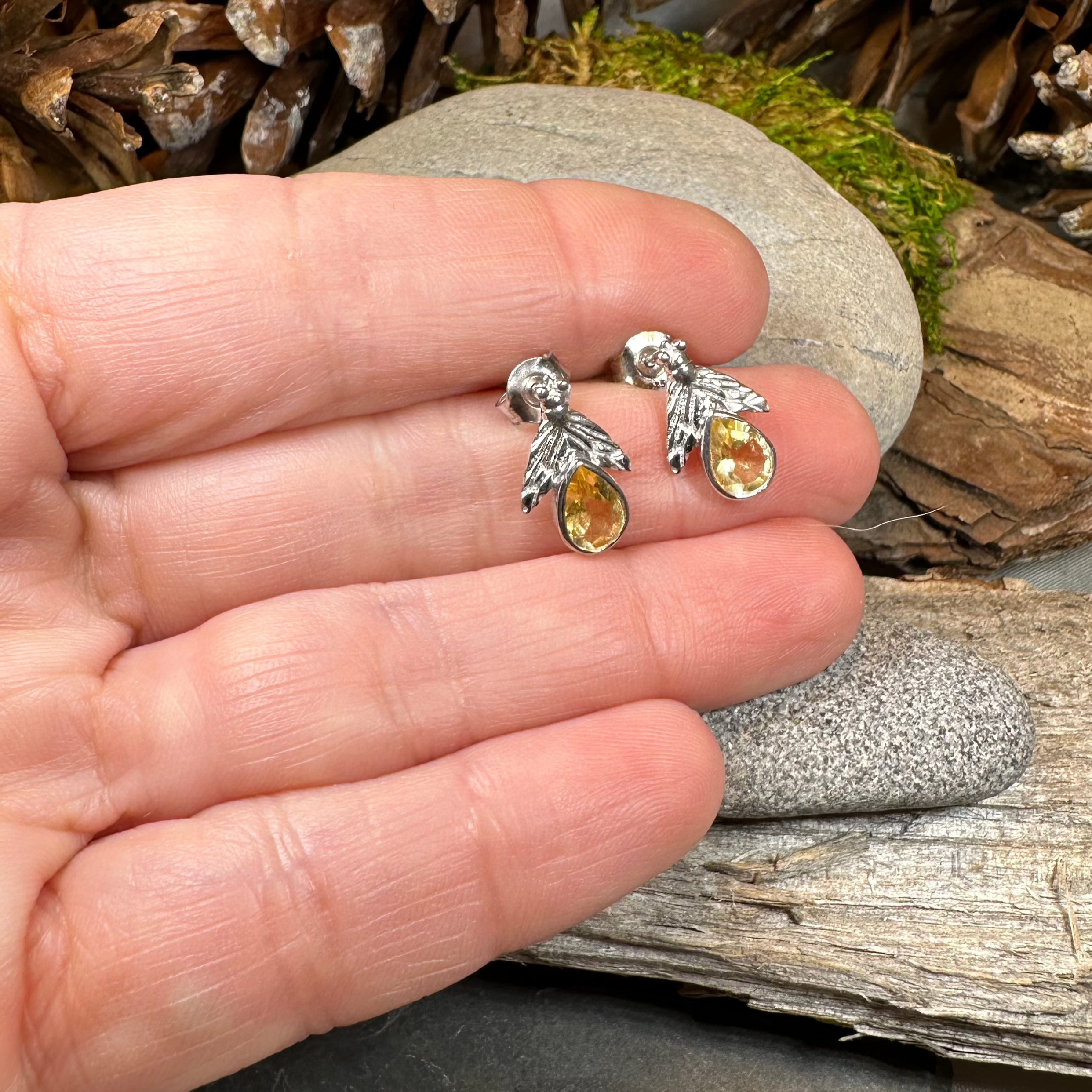 Natural Citrine Bee Stud Earrings for Women - 14K Gold Plated Handmade Jewelry - Perfect for Everyday Wear & Gift Giving