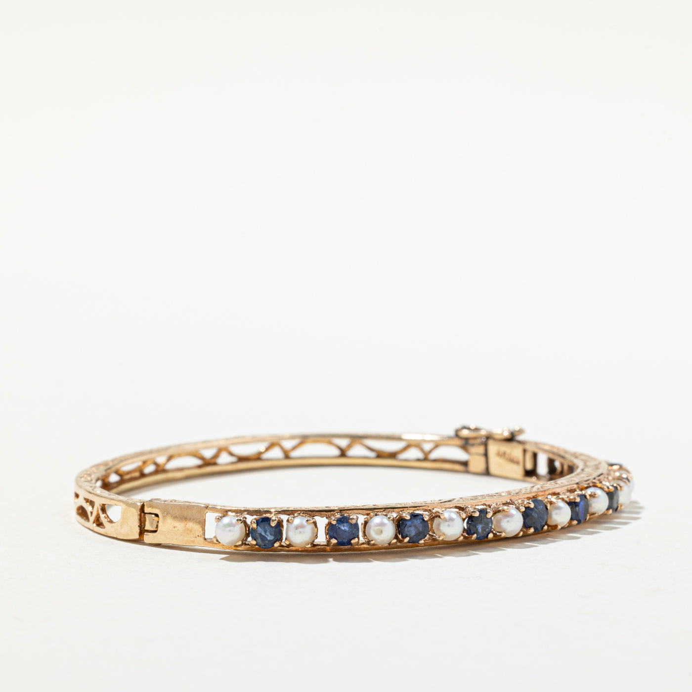 Vintage Blue Sapphire & Pearl Bangle Bracelet - 1.94ctw Genuine Gemstone Jewelry for Women | Elegant 3.00-3.50mm Pearl Bracelet | Perfect for Weddings, Anniversaries & Special Occasions