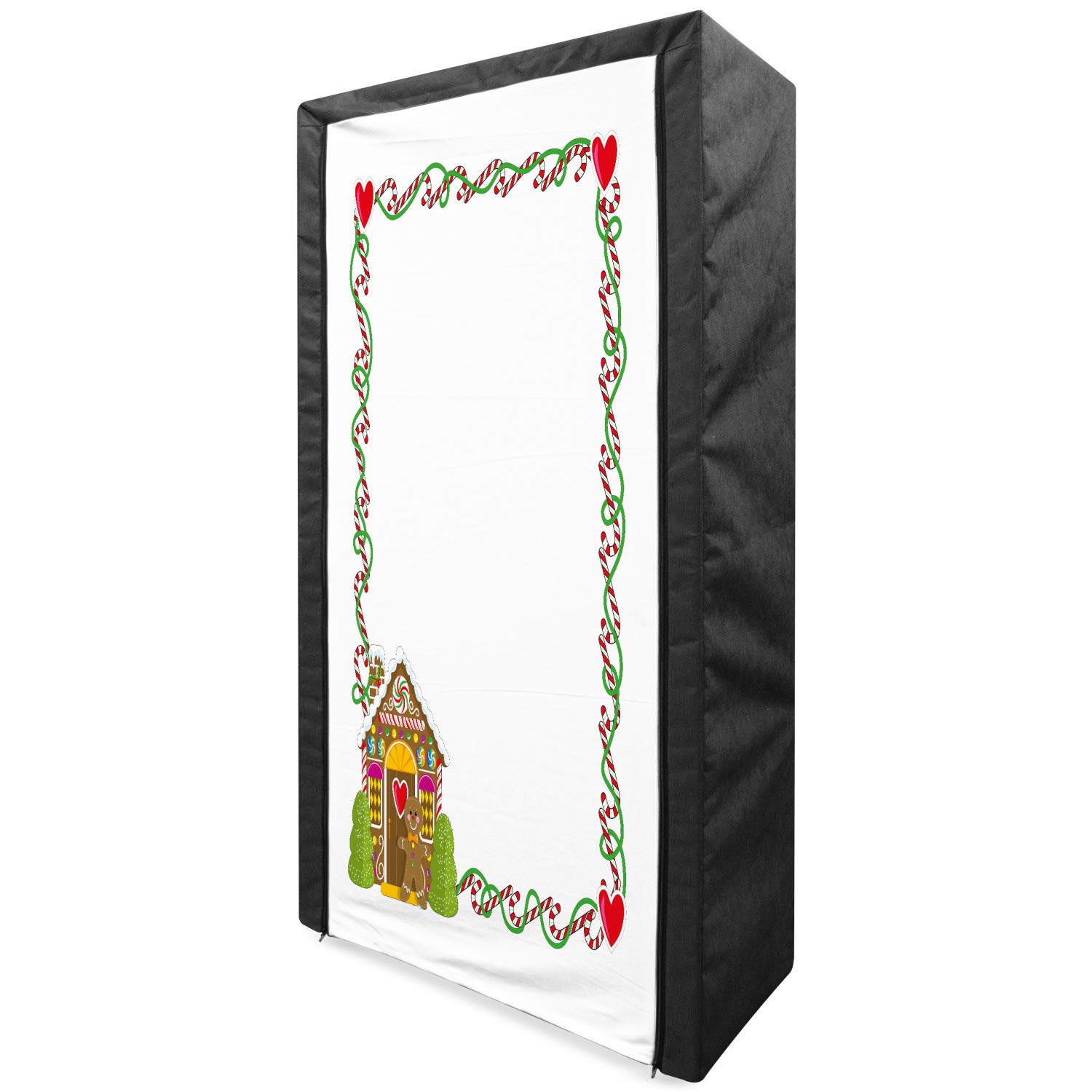 Ambesonne Christmas Portable Fabric Wardrobe with Frame - Candy Canes, Hearts & Gingerbread House Design, 33.5 Inch Multicolor Clothing Organizer with Shelves | Holiday Storage Closet for Bedroom, Dorm, or Guest Room