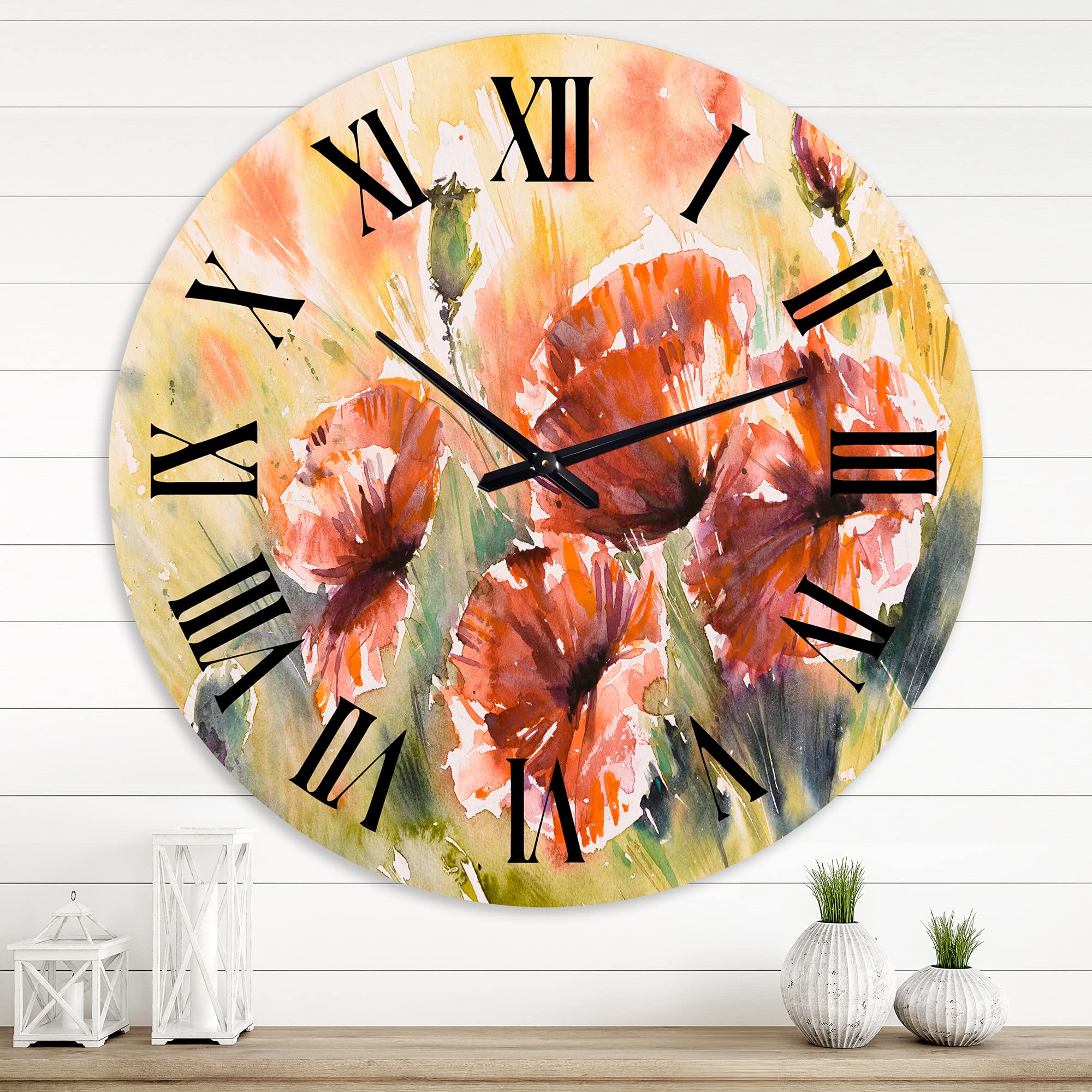 DesignQ Traditional Wall Clock 'Red Poppy On A Field' - Large Floral Botanical Wall Clock for Home & Office Decor - Perfect for Living Room, Bedroom, or Workspace
