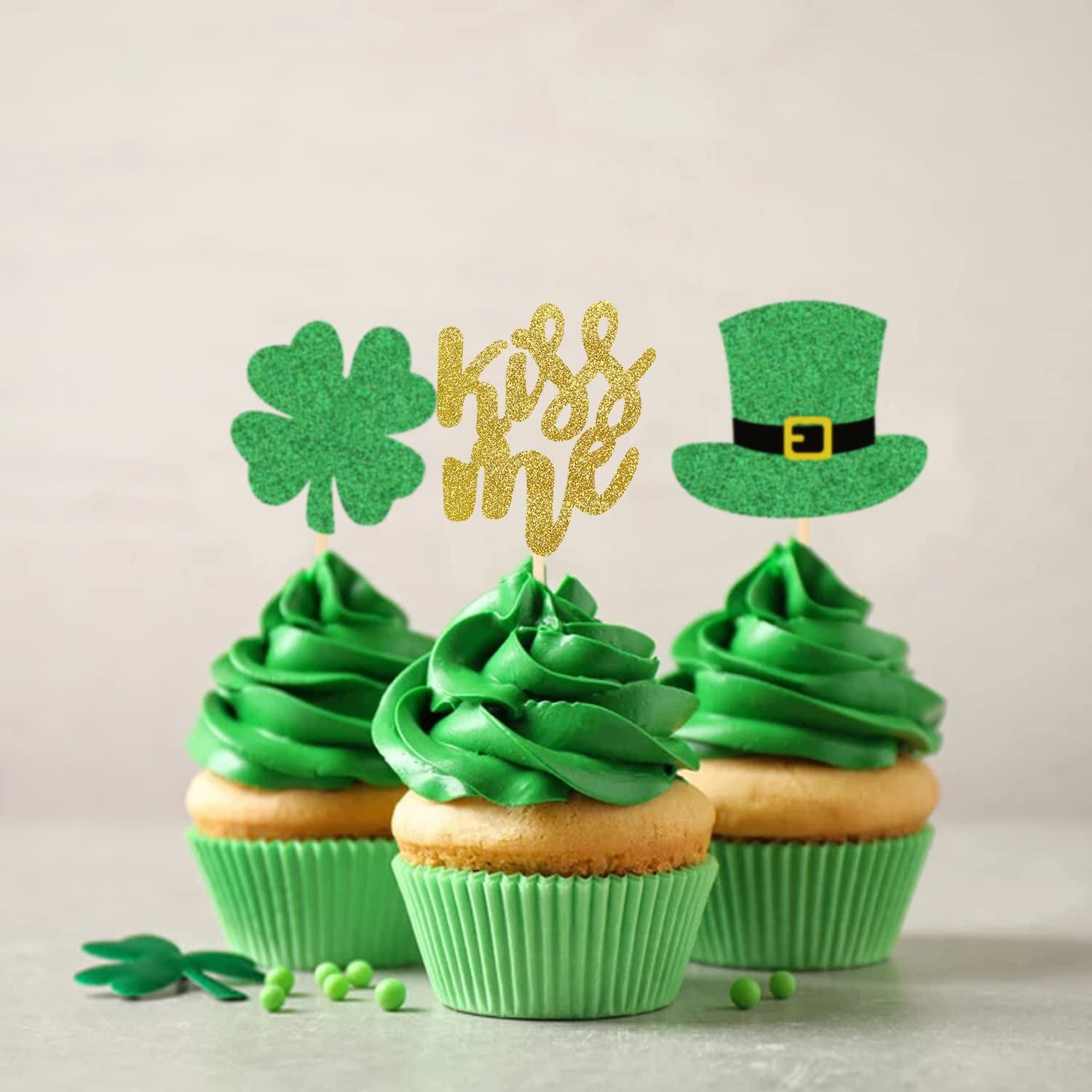 St. Patrick's Day Cupcake Toppers - Glitter Shamrock & Leaf Decorations for St. Patrick's Day Cupcakes | Perfect for St. Patrick's Day Party Decor, Birthday Celebrations & Holiday Baking