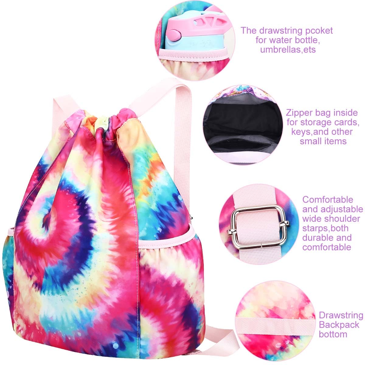 RHCPFOVR Kids Tie Dye Drawstring Backpack - Lightweight Mini Gym Bag for Girls, Dance, Beach, Swim & Travel with Dual Water Bottle Holders | Perfect for School, Sports & Outdoor Activities